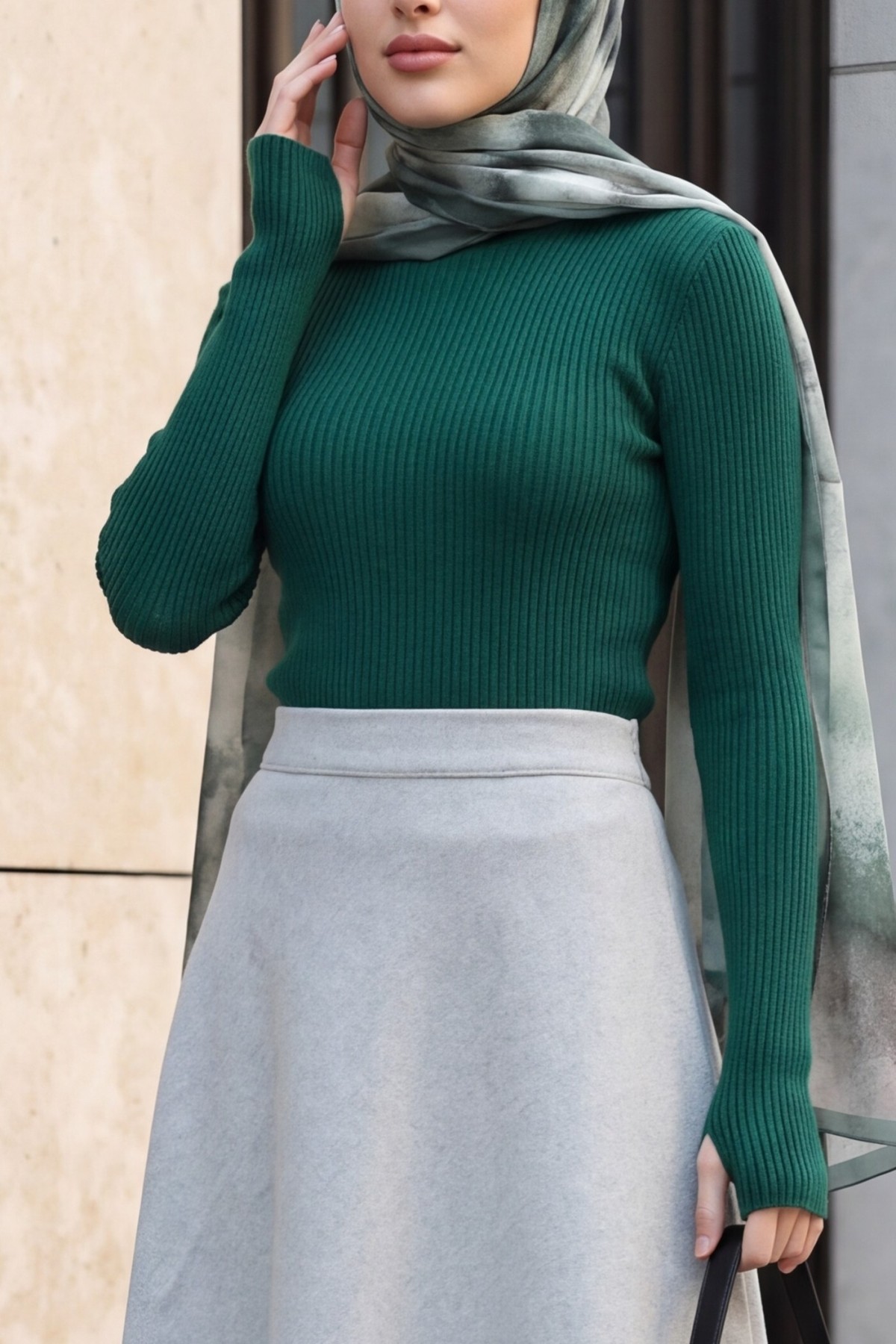 Turtleneck Knitted Bodysuit with Finger-Loop Detail -Emerald