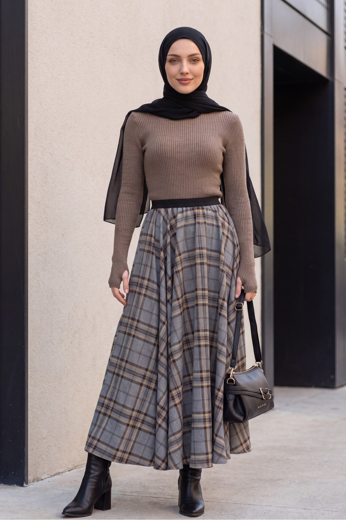 Turtleneck Knitted Bodysuit with Finger-Loop Detail -Light coffee