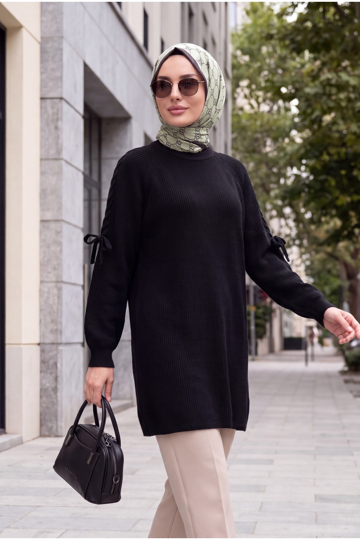 Omuzu Saç Örgülü Salaş Triko Tunik -Siyah
