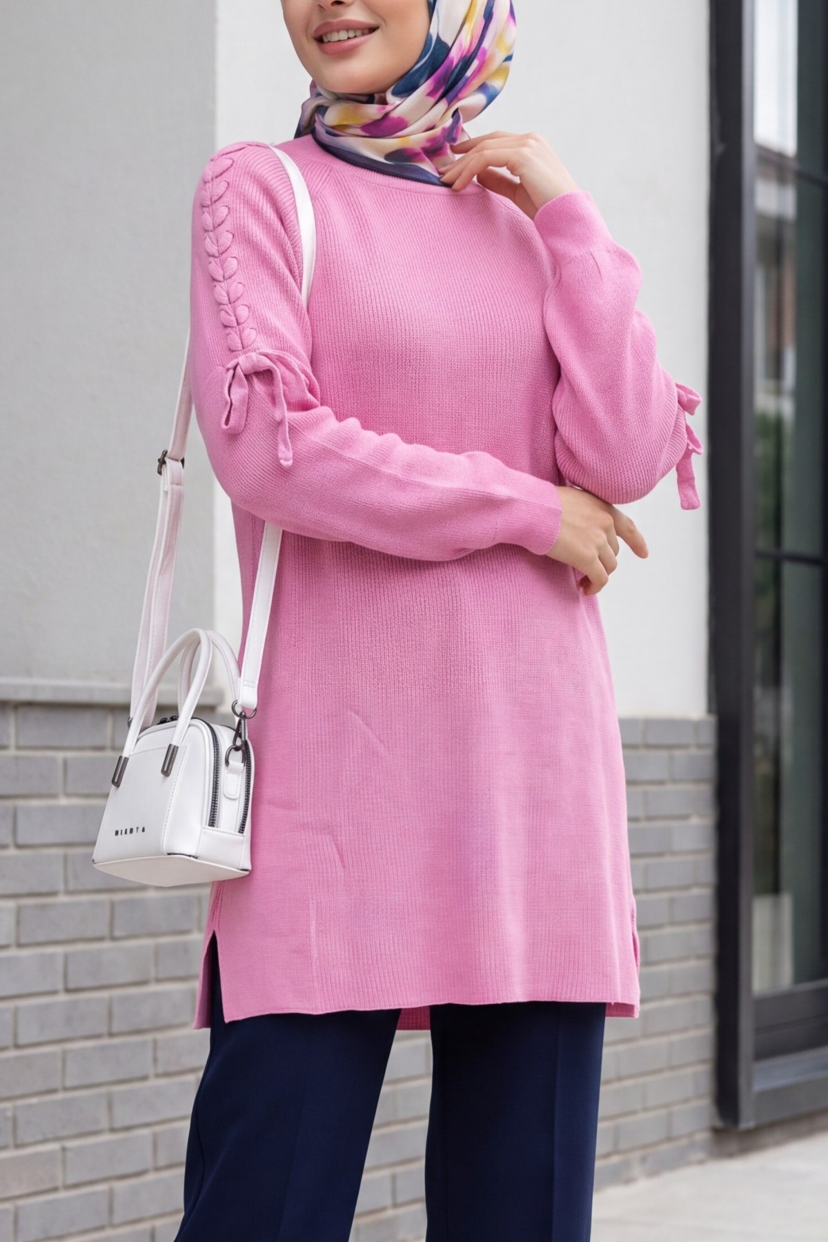 Omuzu Saç Örgülü Salaş Triko Tunik  -Pembe