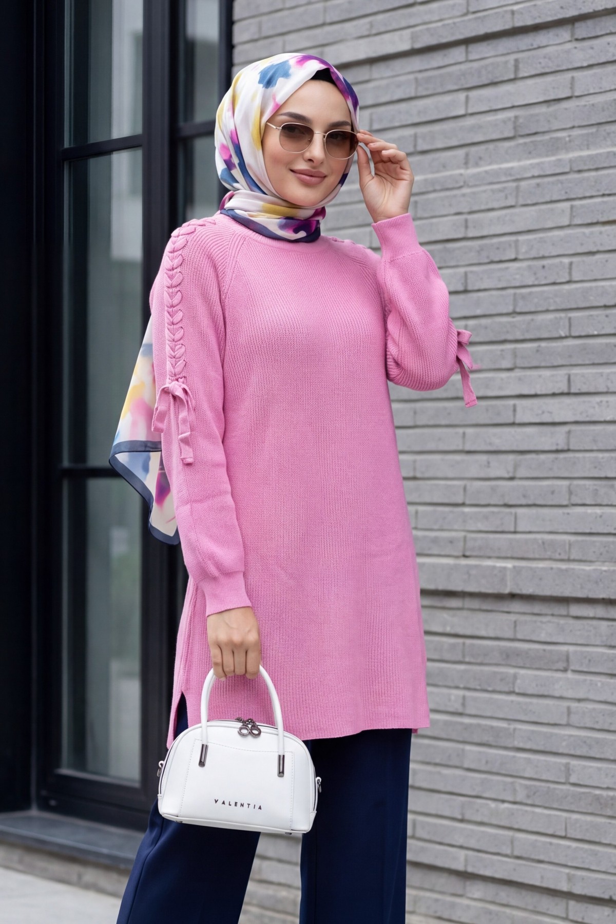 Omuzu Saç Örgülü Salaş Triko Tunik  -Pembe
