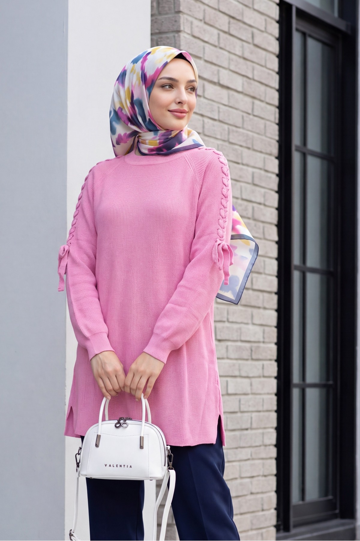 Omuzu Saç Örgülü Salaş Triko Tunik  -Pembe