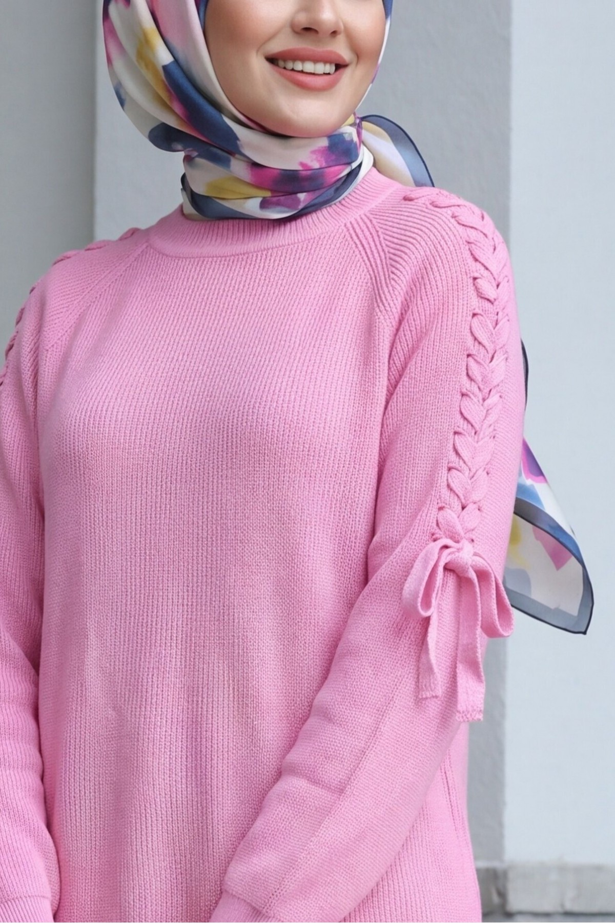 Omuzu Saç Örgülü Salaş Triko Tunik  -Pembe