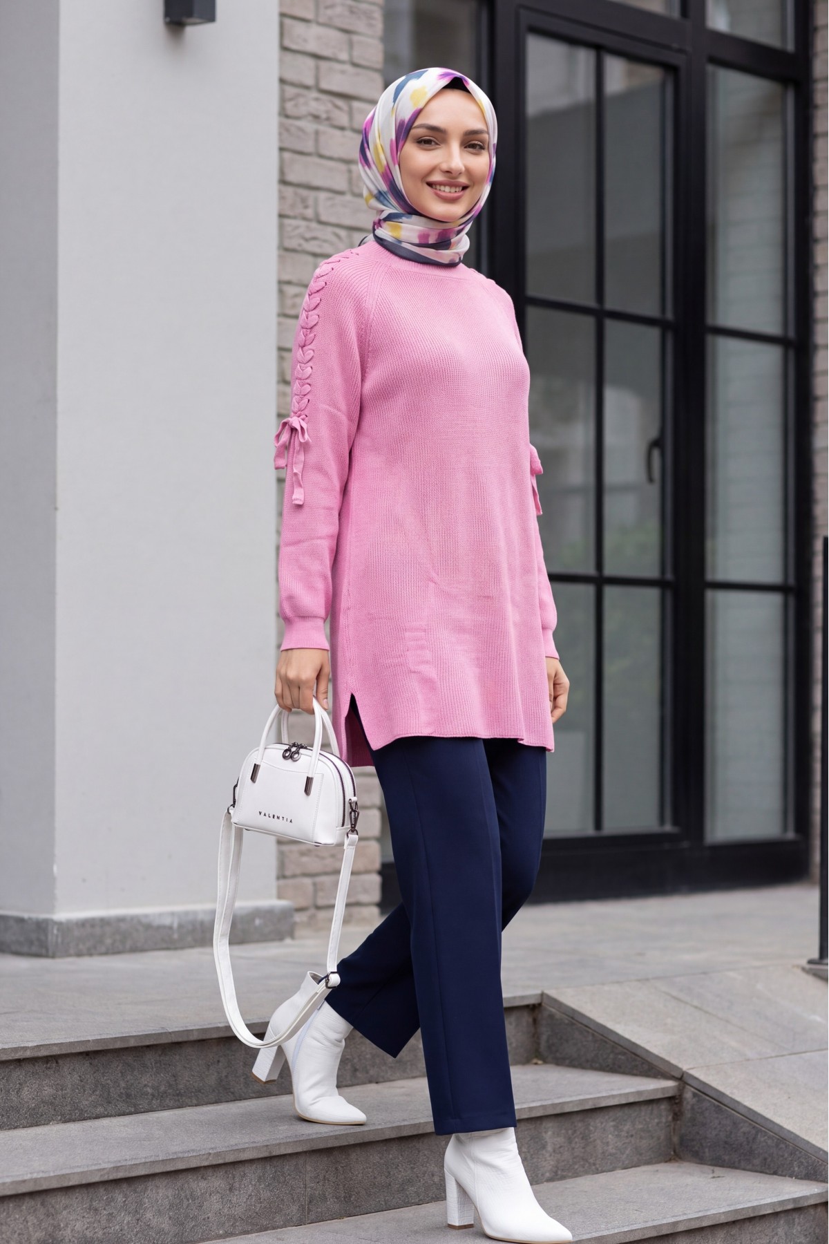 Omuzu Saç Örgülü Salaş Triko Tunik  -Pembe