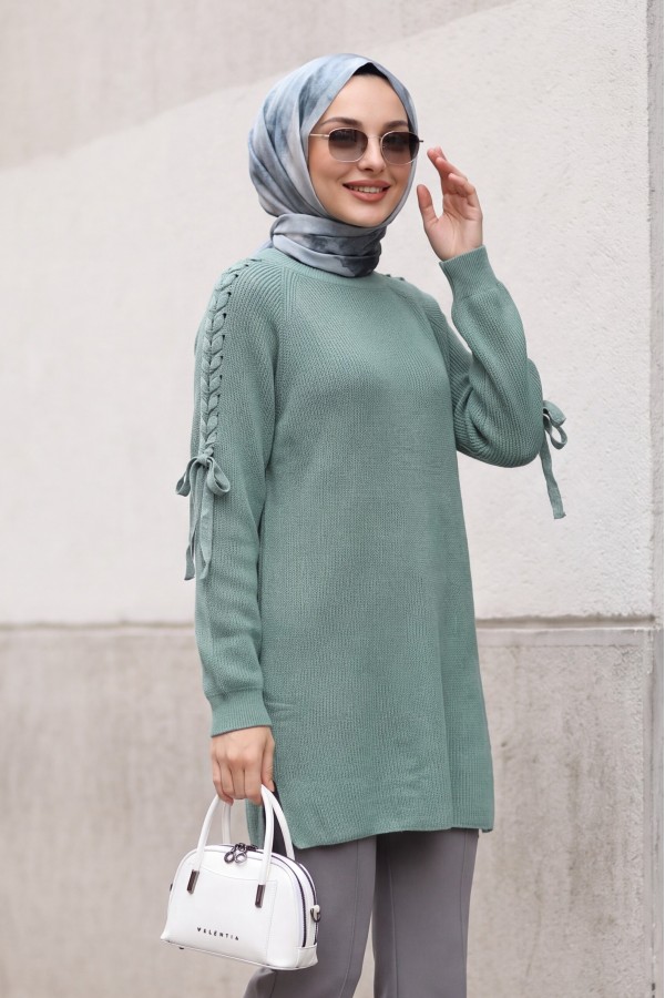 Casual Knit Tunic with Shoulder Braid  -Mint Color