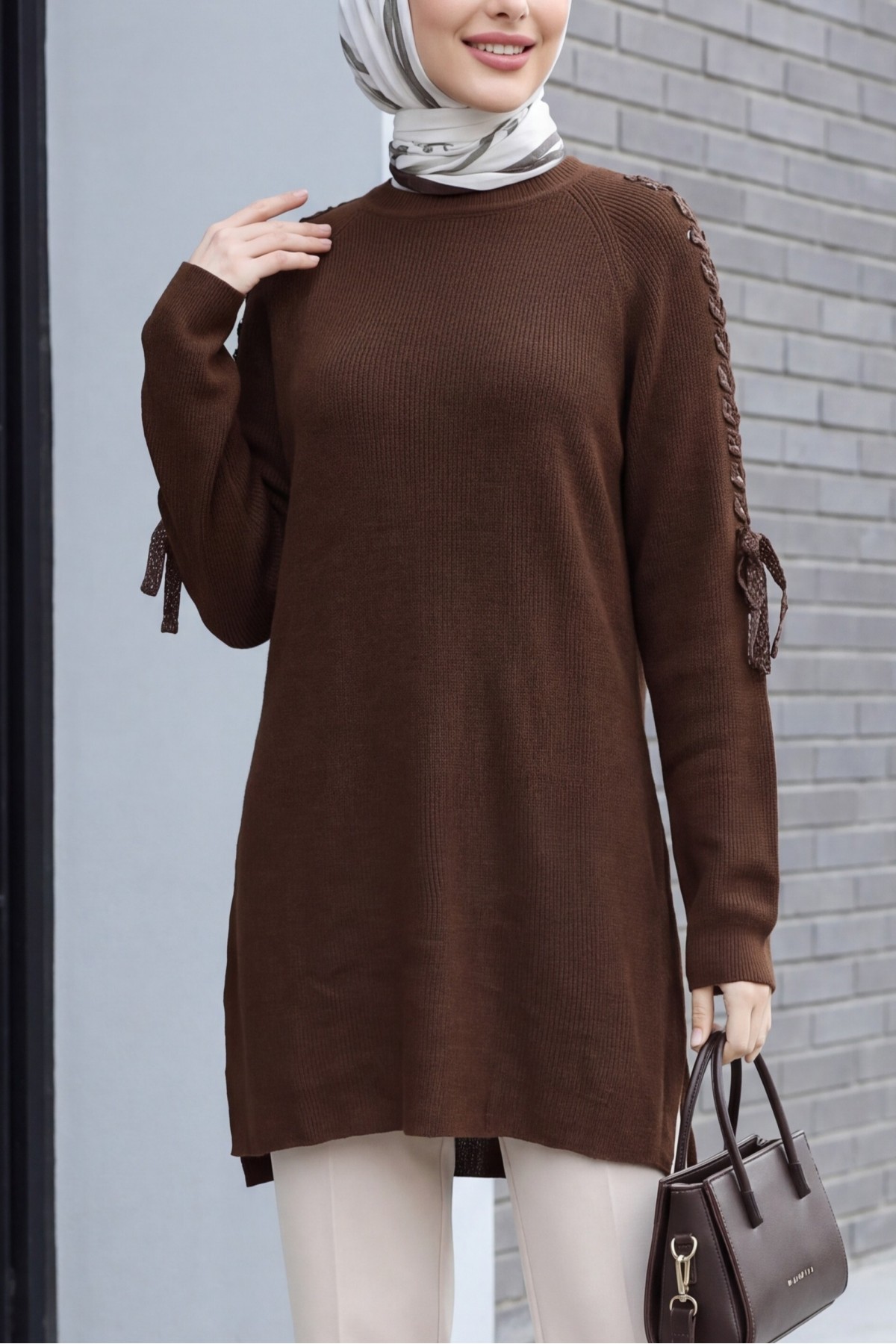 Casual Knit Tunic with Shoulder Braid  -Dark Coffee
