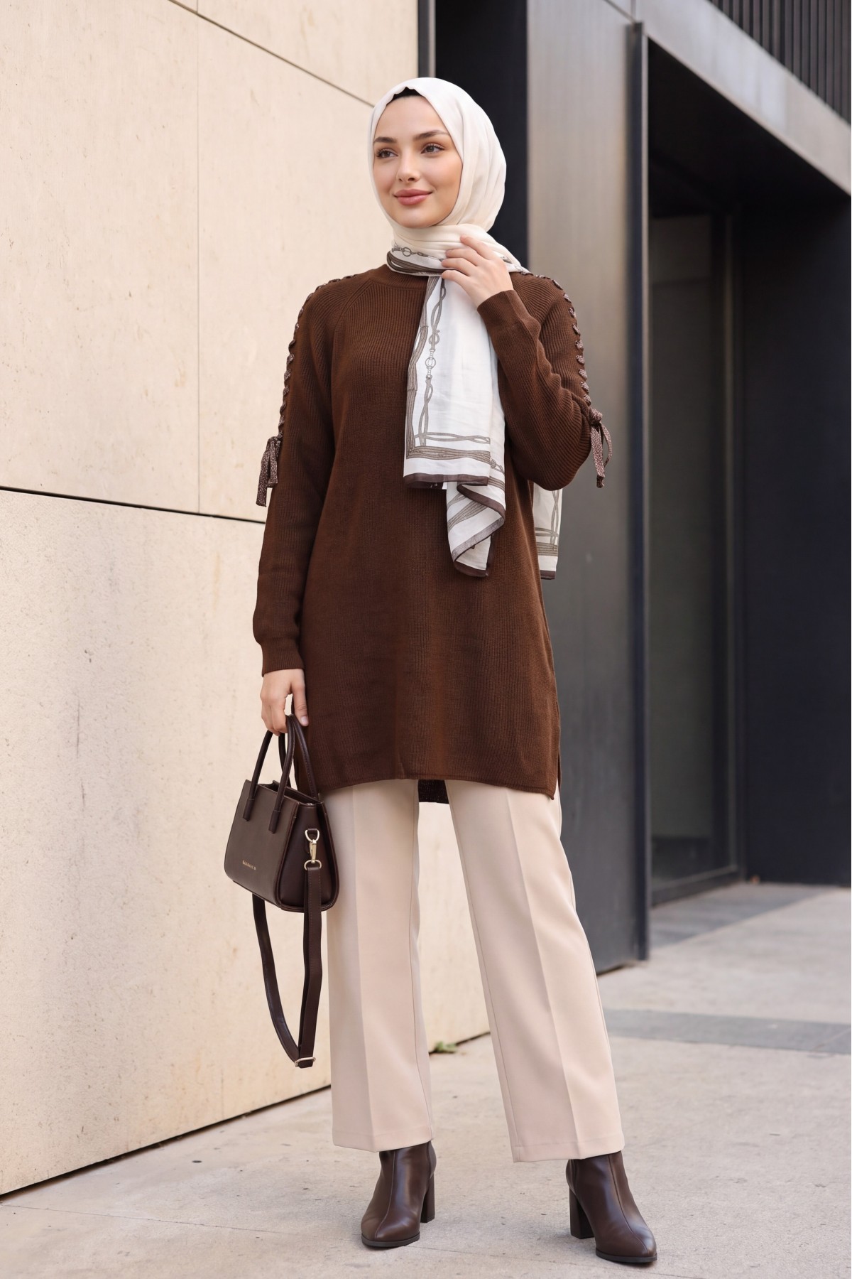 Casual Knit Tunic with Shoulder Braid  -Dark Coffee