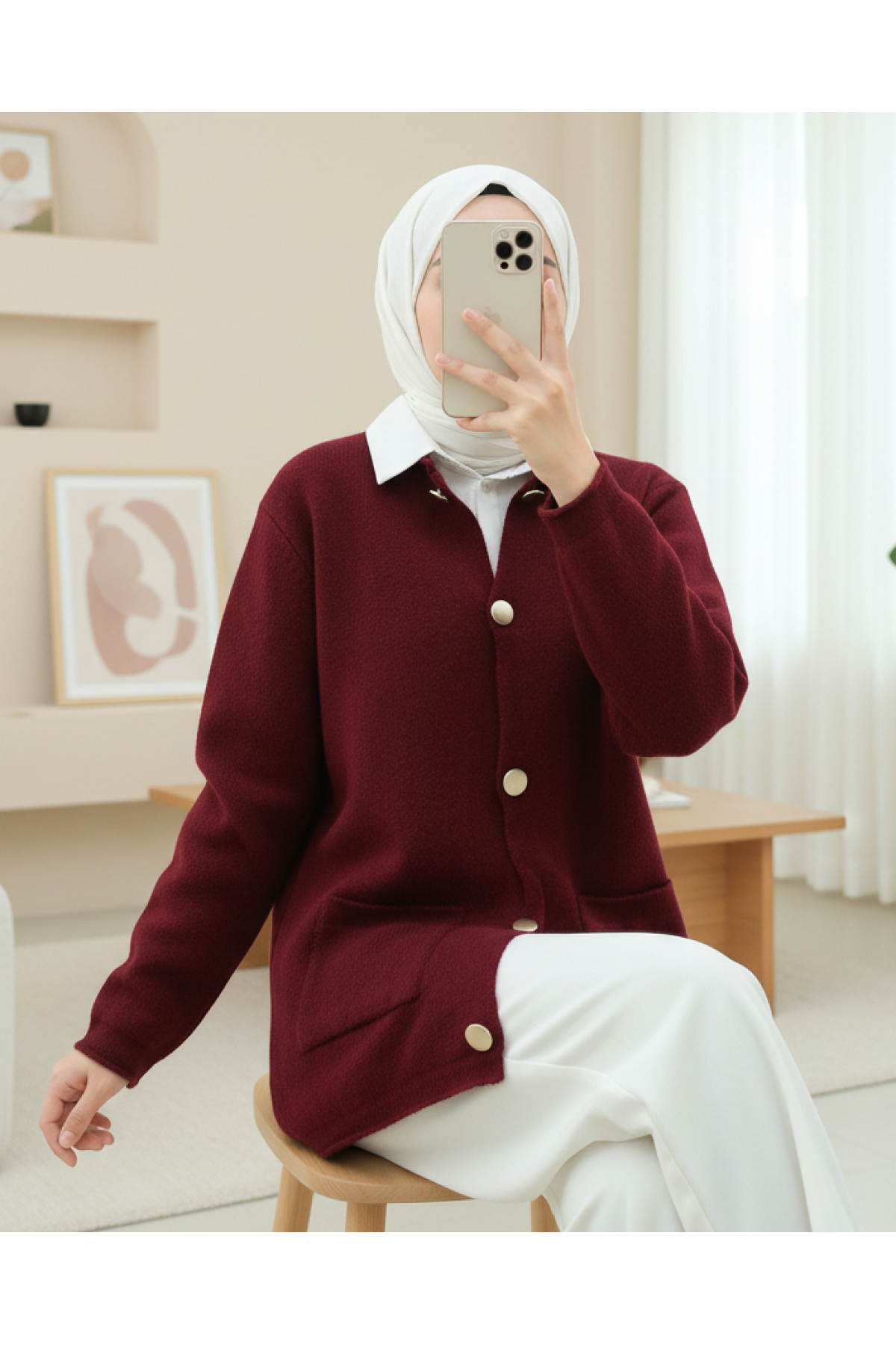 Önü Düğmeli Çift Cepli Yumoş Triko Hırka -Bordo