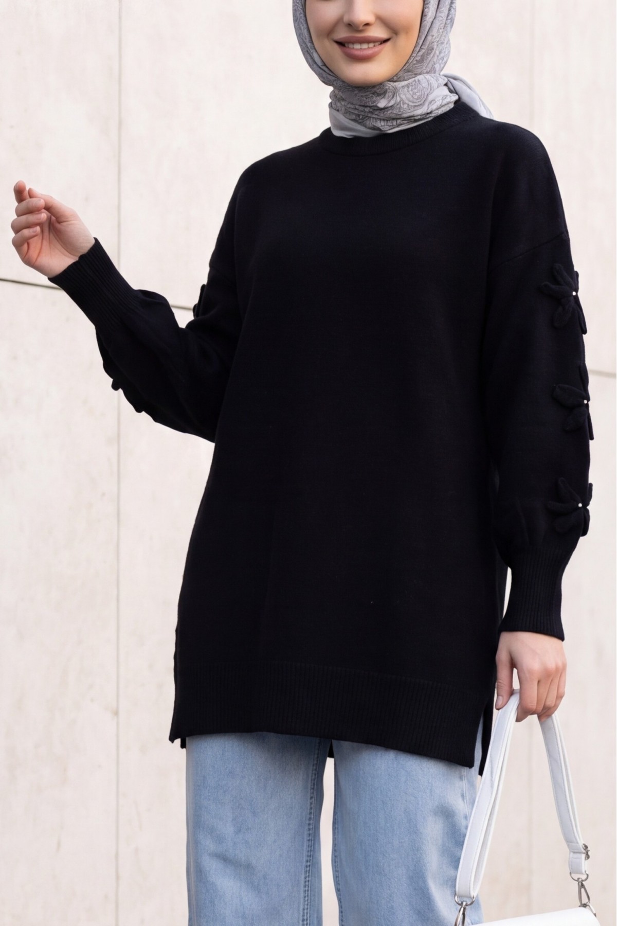 Round Neck Soft Knit Sweater with Flower Detail on the Sleeves -Black