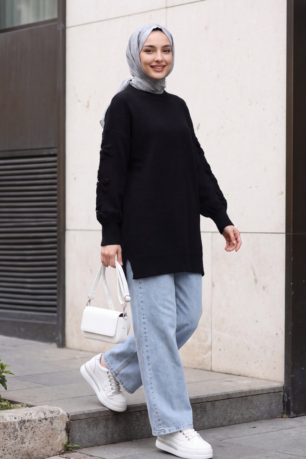 Round Neck Soft Knit Sweater with Flower Detail on the Sleeves -Black