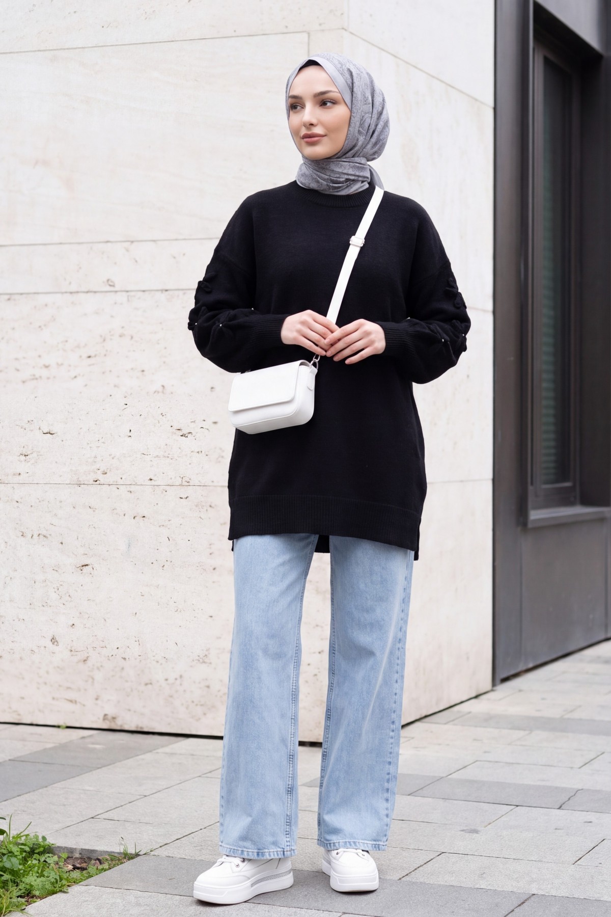 Round Neck Soft Knit Sweater with Flower Detail on the Sleeves -Black