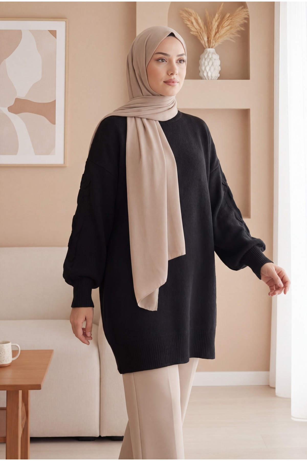 Round Neck Soft Knit Sweater with Flower Detail on the Sleeves -Black