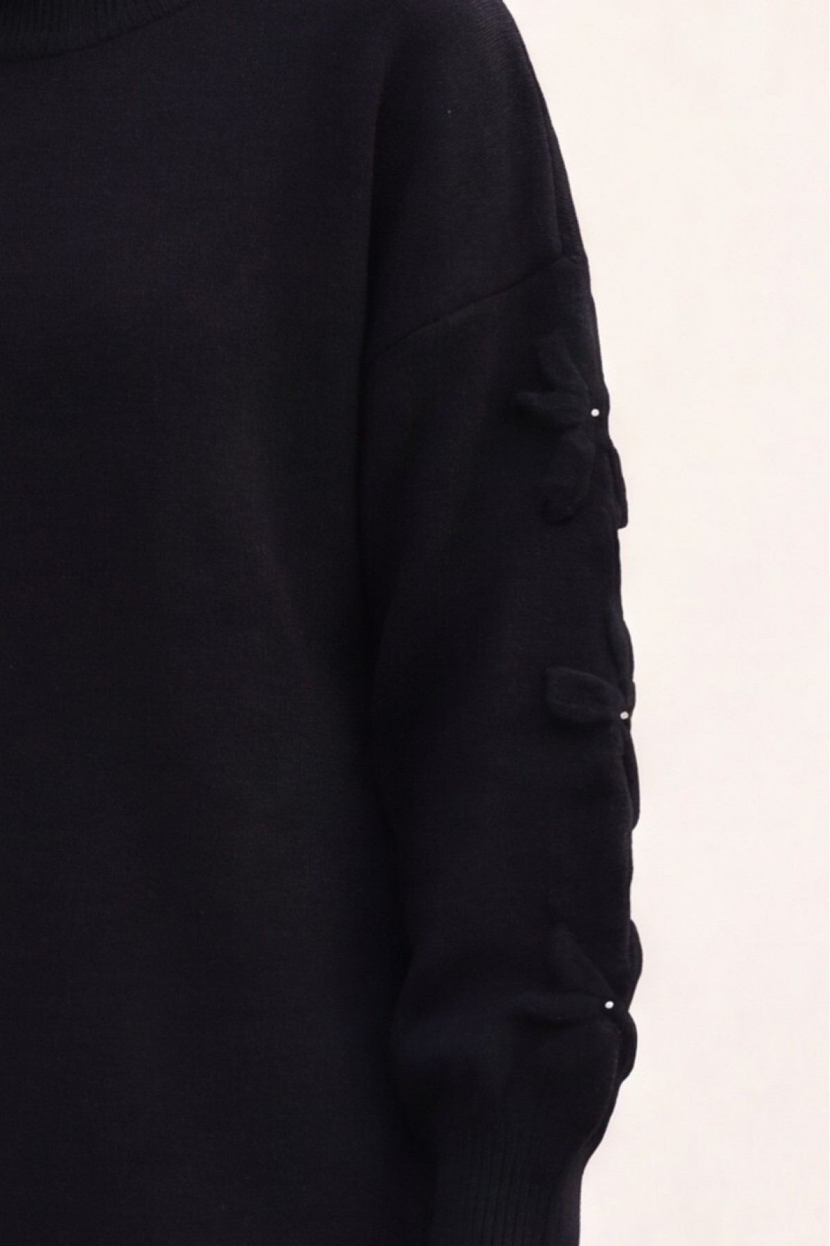Round Neck Soft Knit Sweater with Flower Detail on the Sleeves -Black