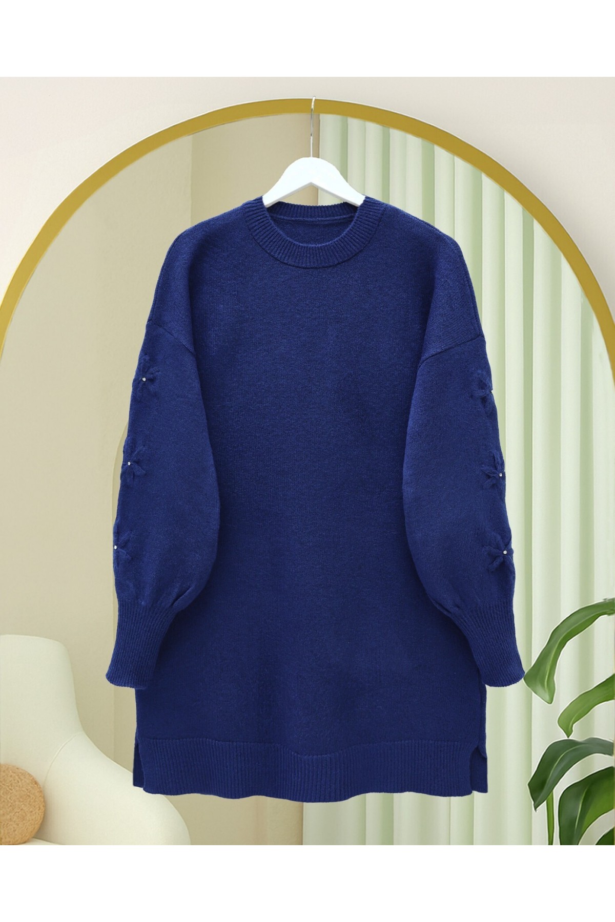 Round Neck Soft Knit Sweater with Flower Detail on the Sleeves -Navy blue