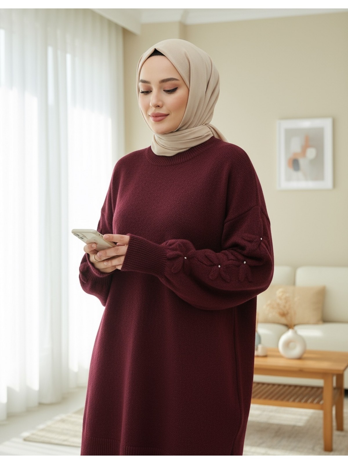 Round Neck Soft Knit Sweater with Flower Detail on the Sleeves -Maroon