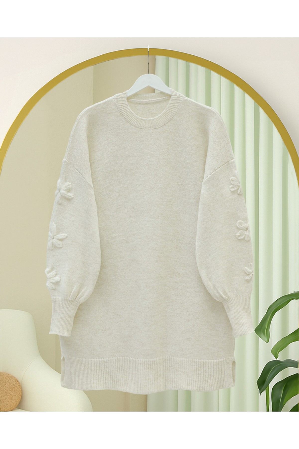 Round Neck Soft Knit Sweater with Flower Detail on the Sleeves -Ecru