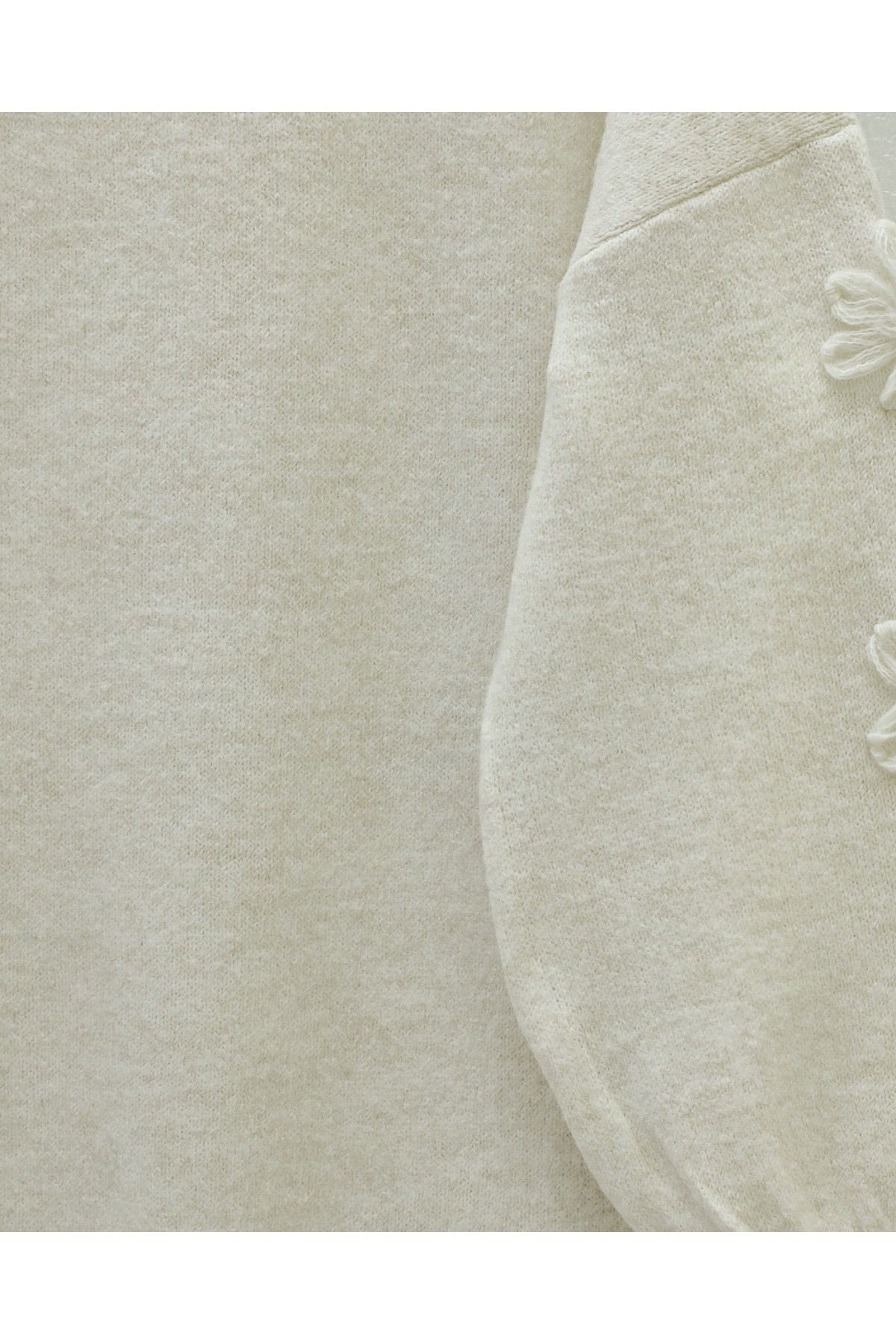 Round Neck Soft Knit Sweater with Flower Detail on the Sleeves -Ecru