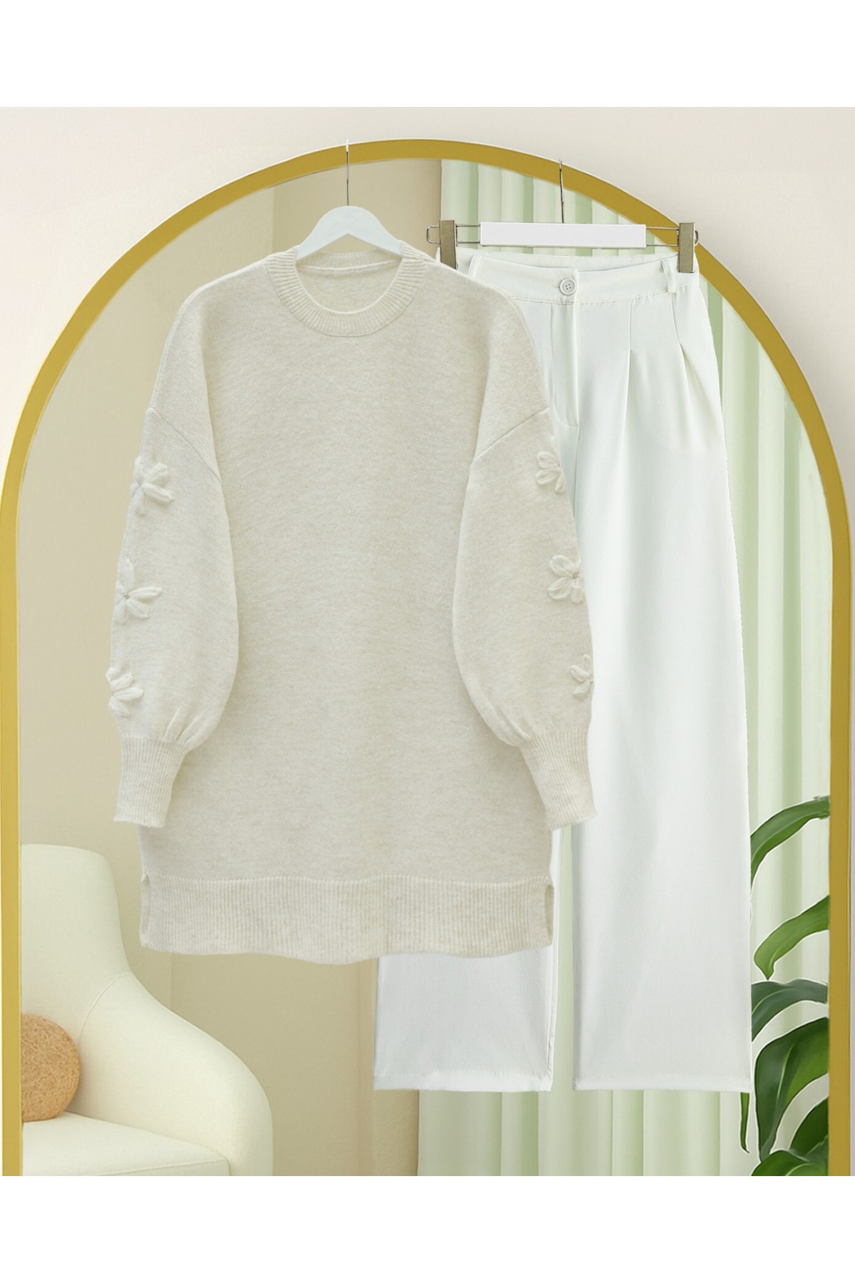 Round Neck Soft Knit Sweater with Flower Detail on the Sleeves -Ecru