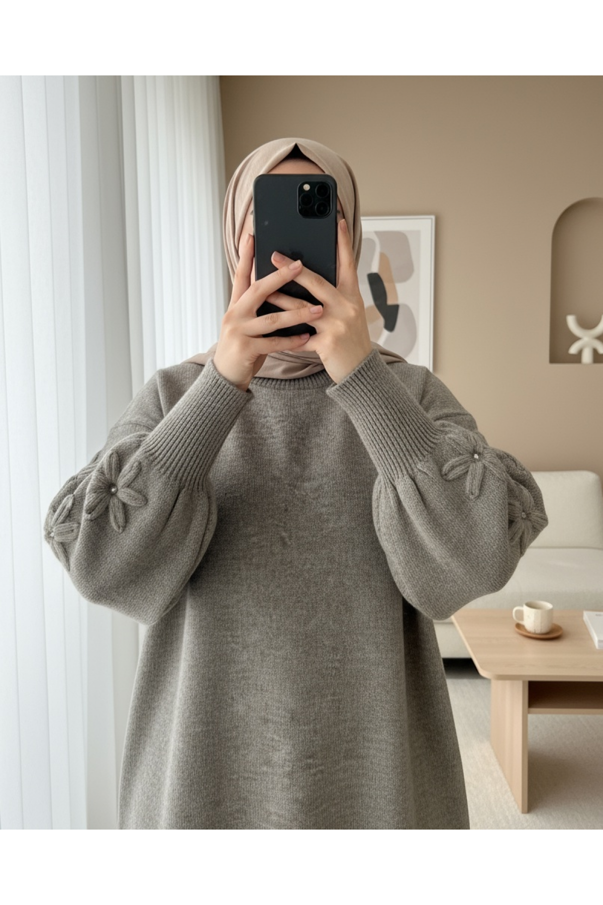 Round Neck Soft Knit Sweater with Flower Detail on the Sleeves - Soil