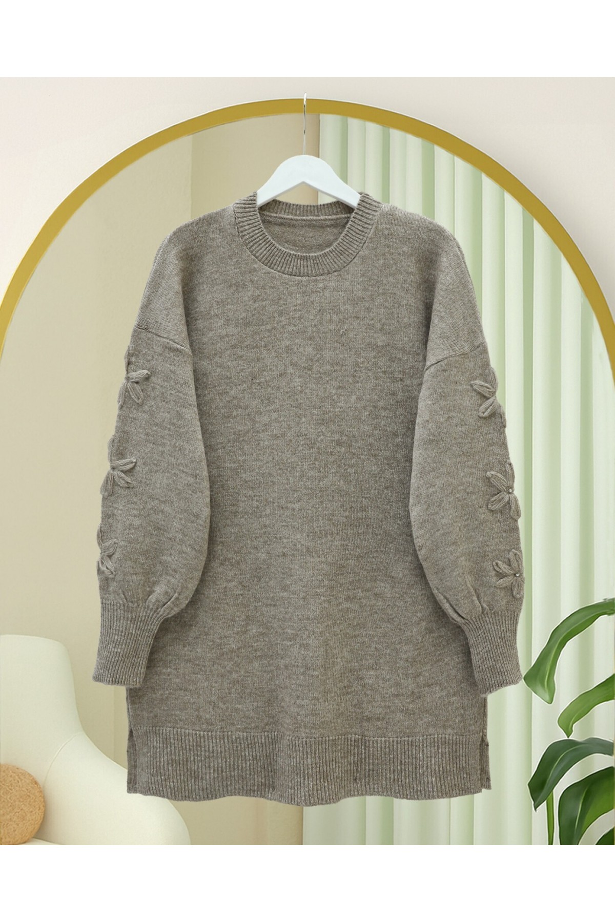 Round Neck Soft Knit Sweater with Flower Detail on the Sleeves - Soil