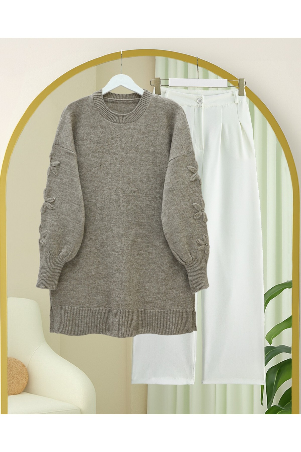 Round Neck Soft Knit Sweater with Flower Detail on the Sleeves - Soil