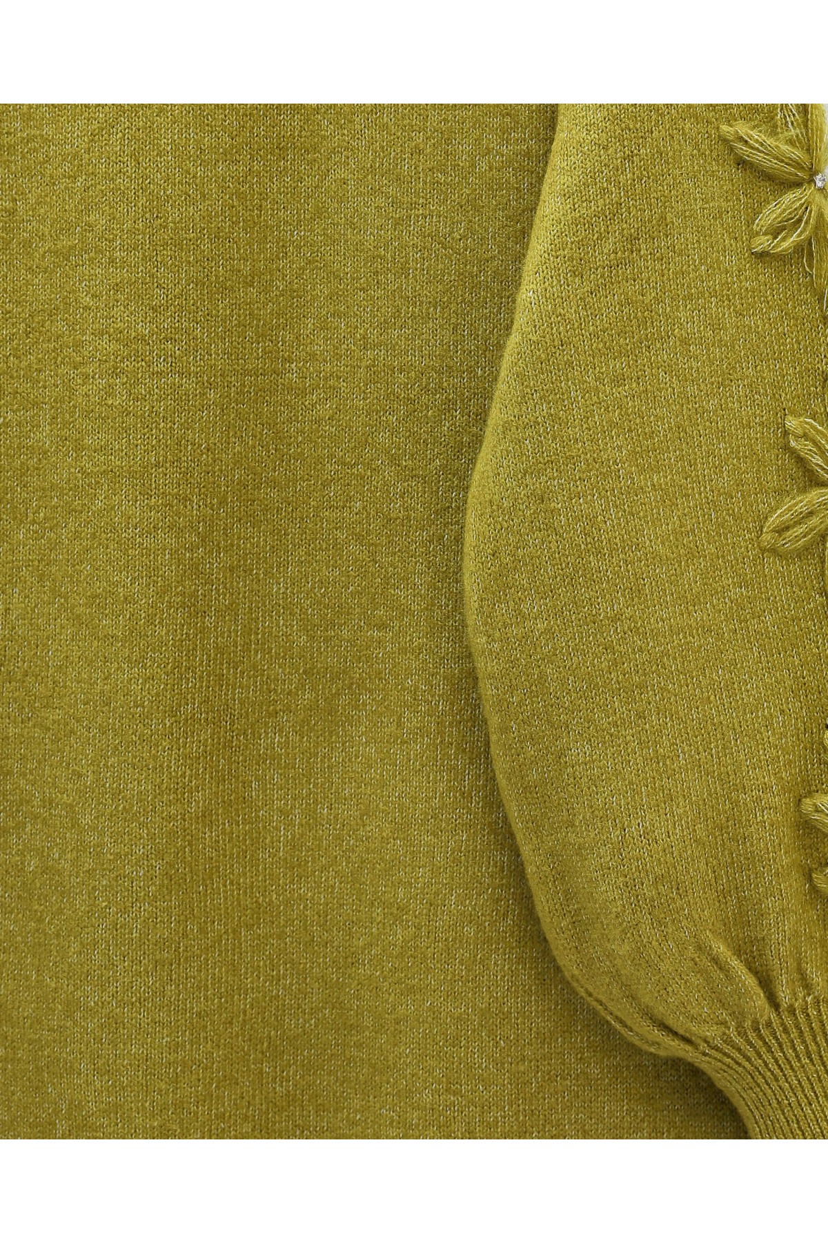 Round Neck Soft Knit Sweater with Flower Detail on the Sleeves -Oil Green