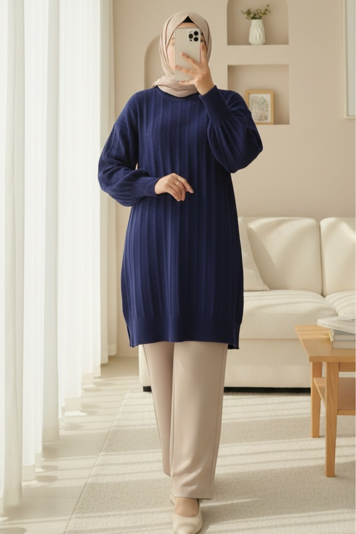 Soft Knit Tunic with Ribbed Slits -Navy blue