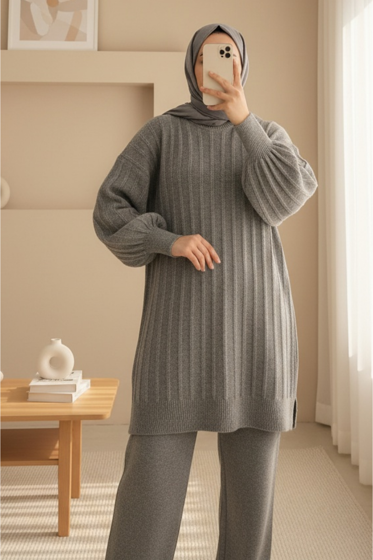 Soft Knit Tunic with Ribbed Slits -Grey