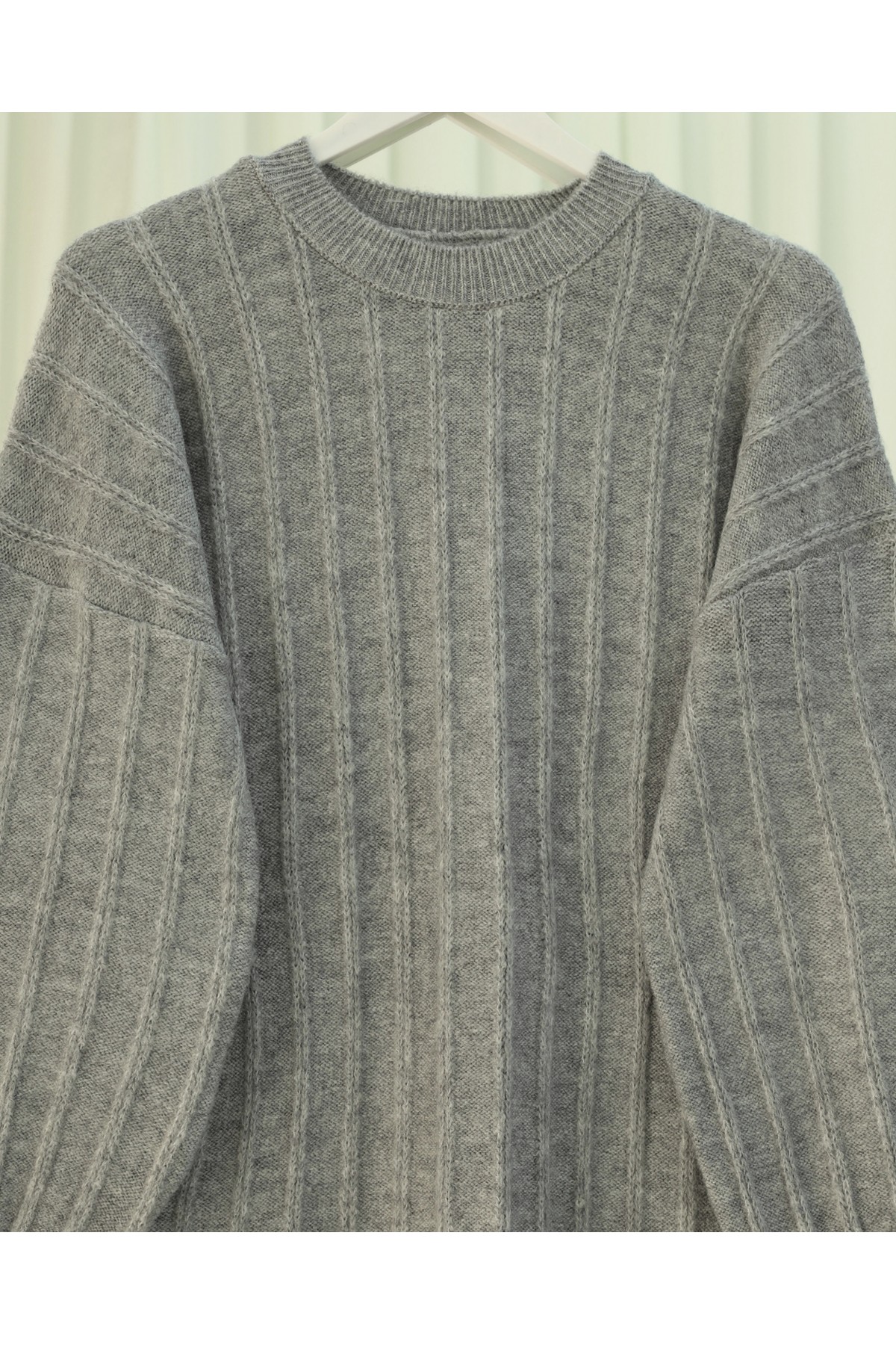Soft Knit Tunic with Ribbed Slits -Grey