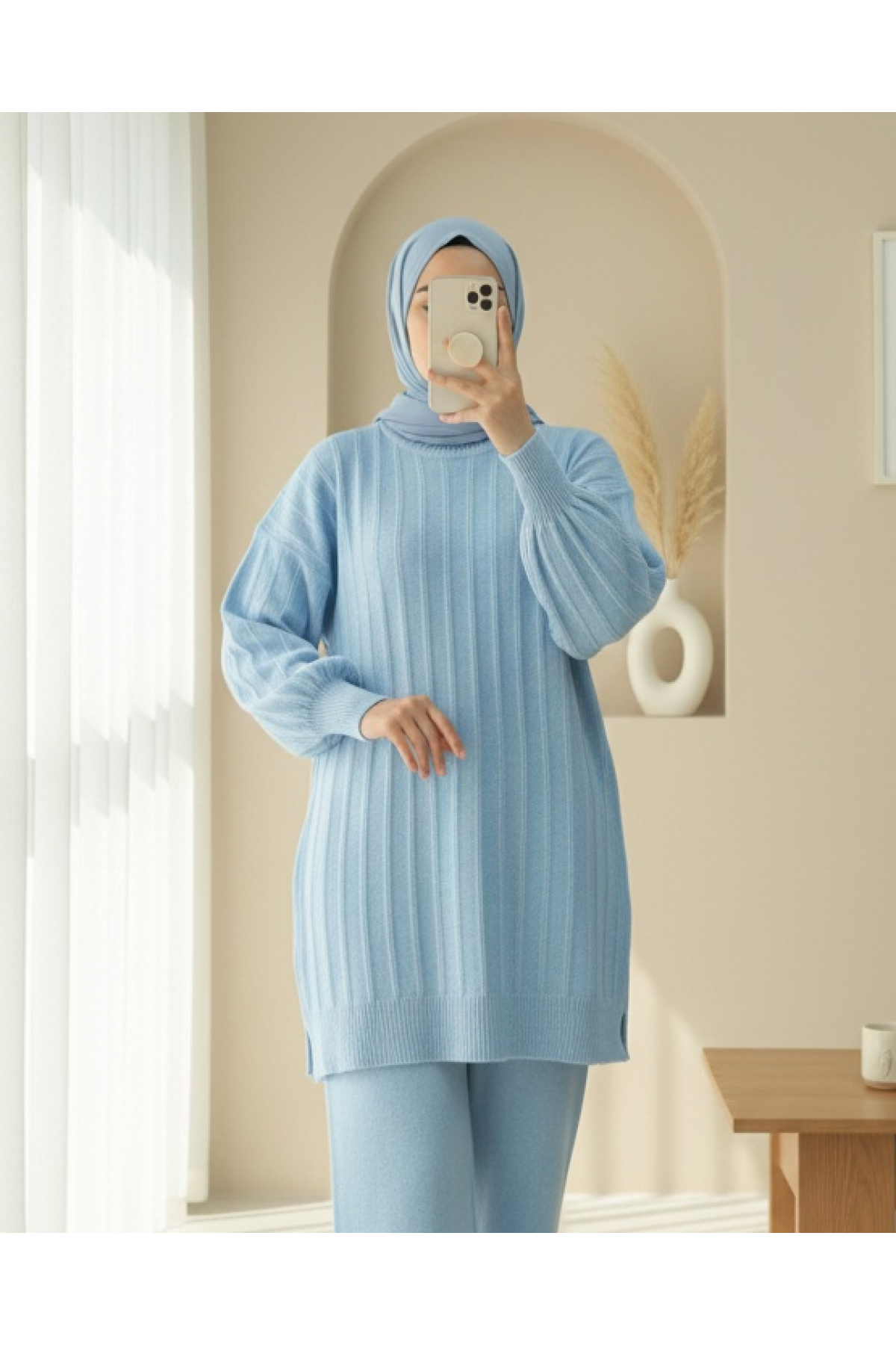 Soft Knit Tunic with Ribbed Slits -Light blue