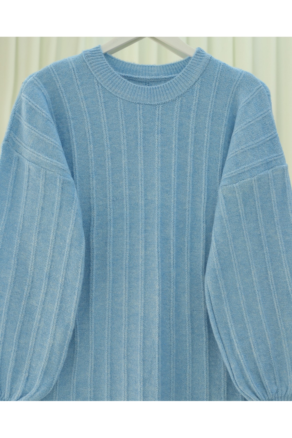 Soft Knit Tunic with Ribbed Slits -Light blue