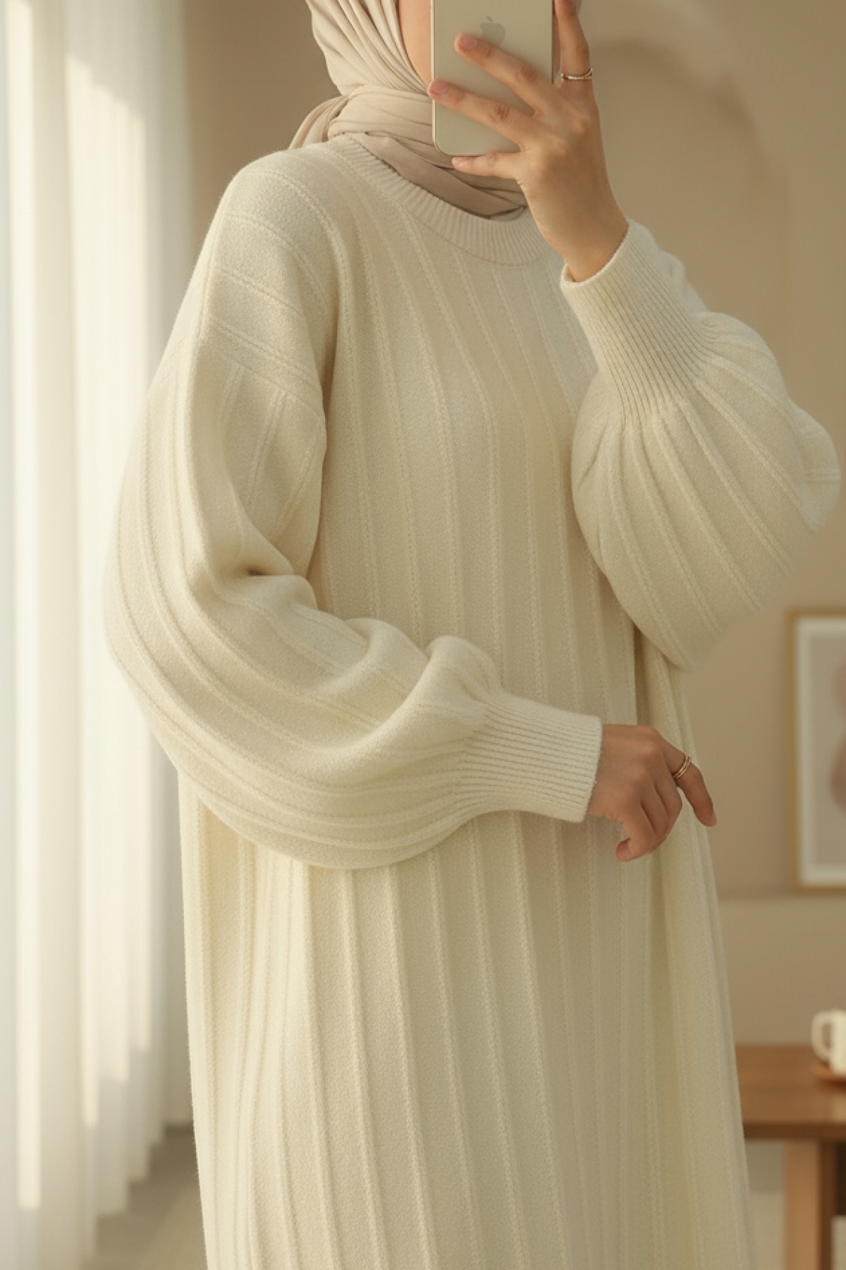 Soft Knit Tunic with Ribbed Slits -Cream color