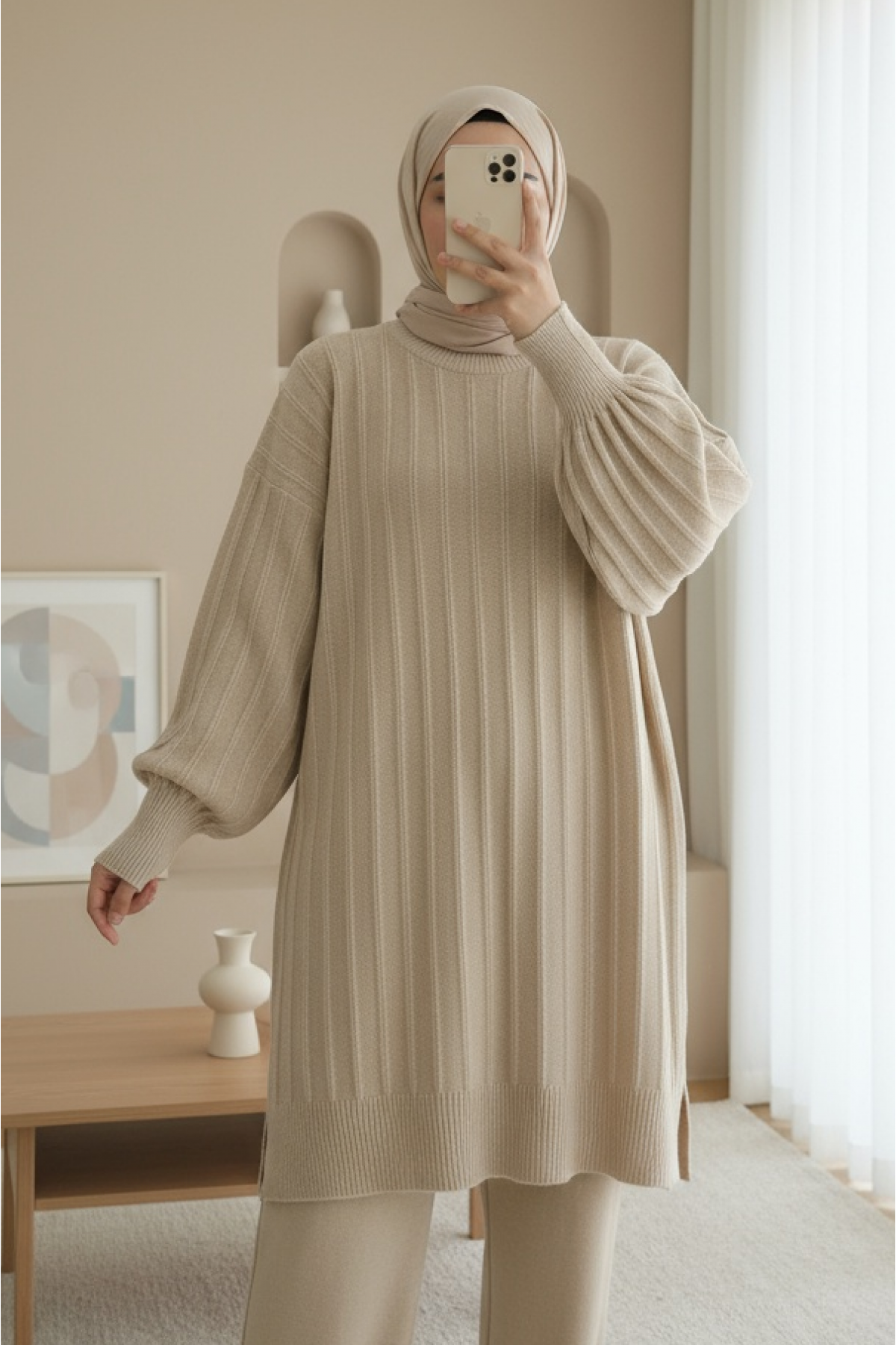 Soft Knit Tunic with Ribbed Slits -Light Mink