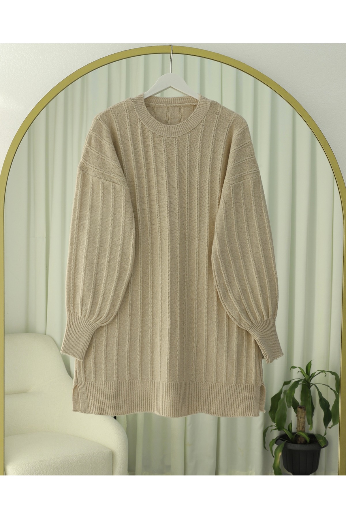 Soft Knit Tunic with Ribbed Slits -Light Mink