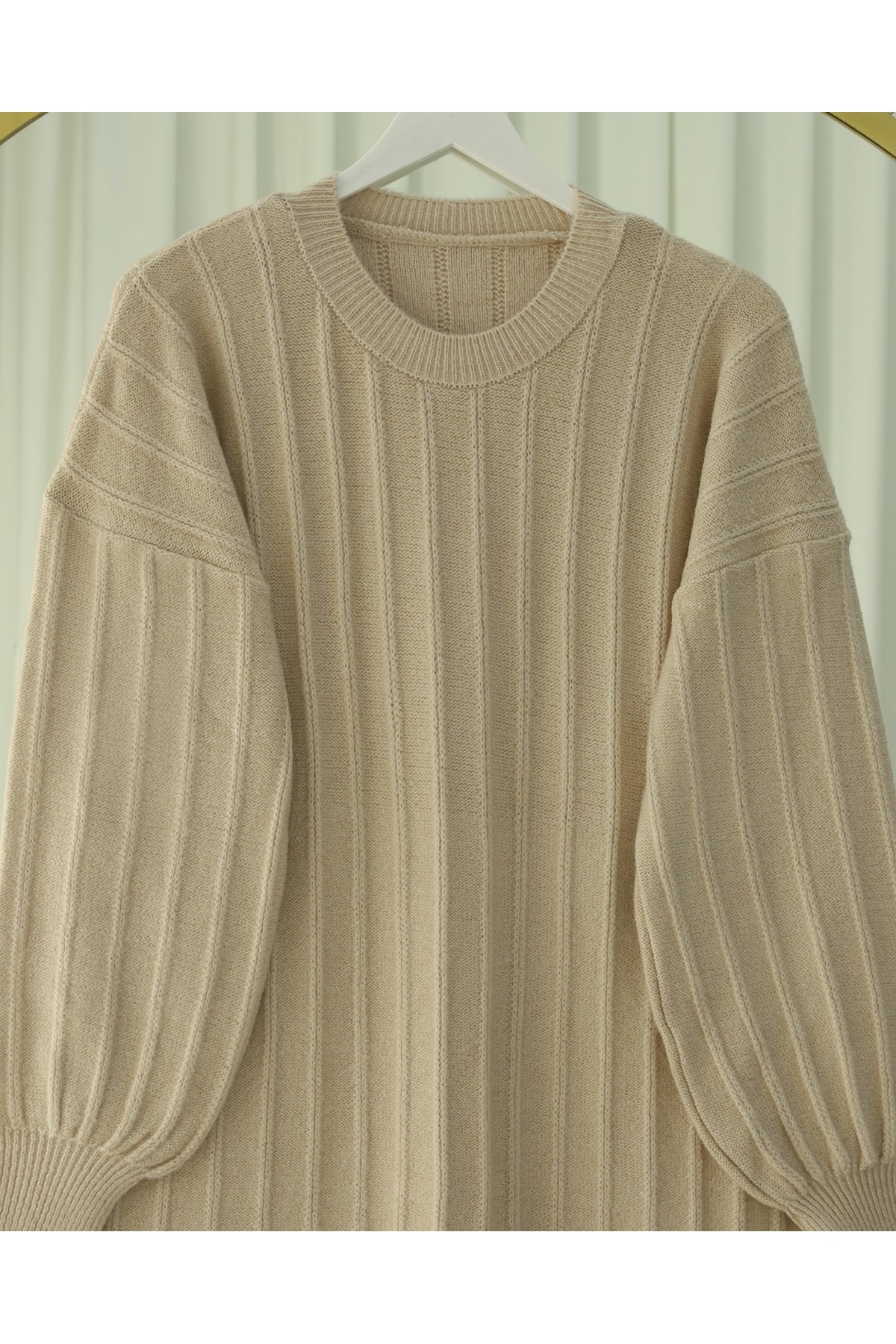 Soft Knit Tunic with Ribbed Slits -Light Mink