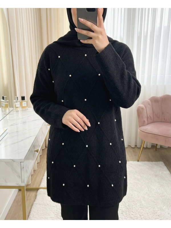 Taş Detaylı Baklava Desen Sakallı Triko Tunik -Siyah