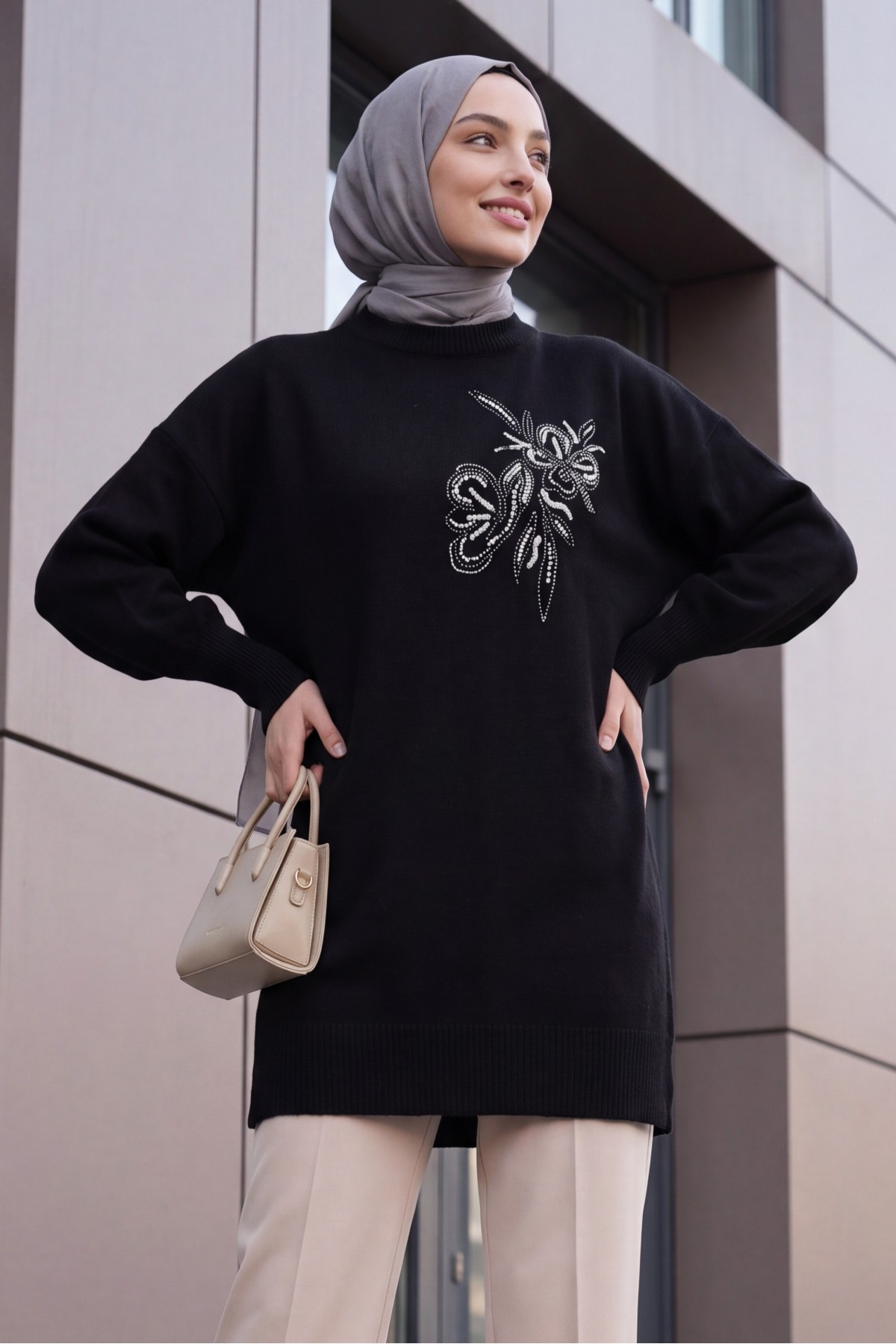 Crew Neck Knit Tunic with Slit and Bead & Sequin Details -Black