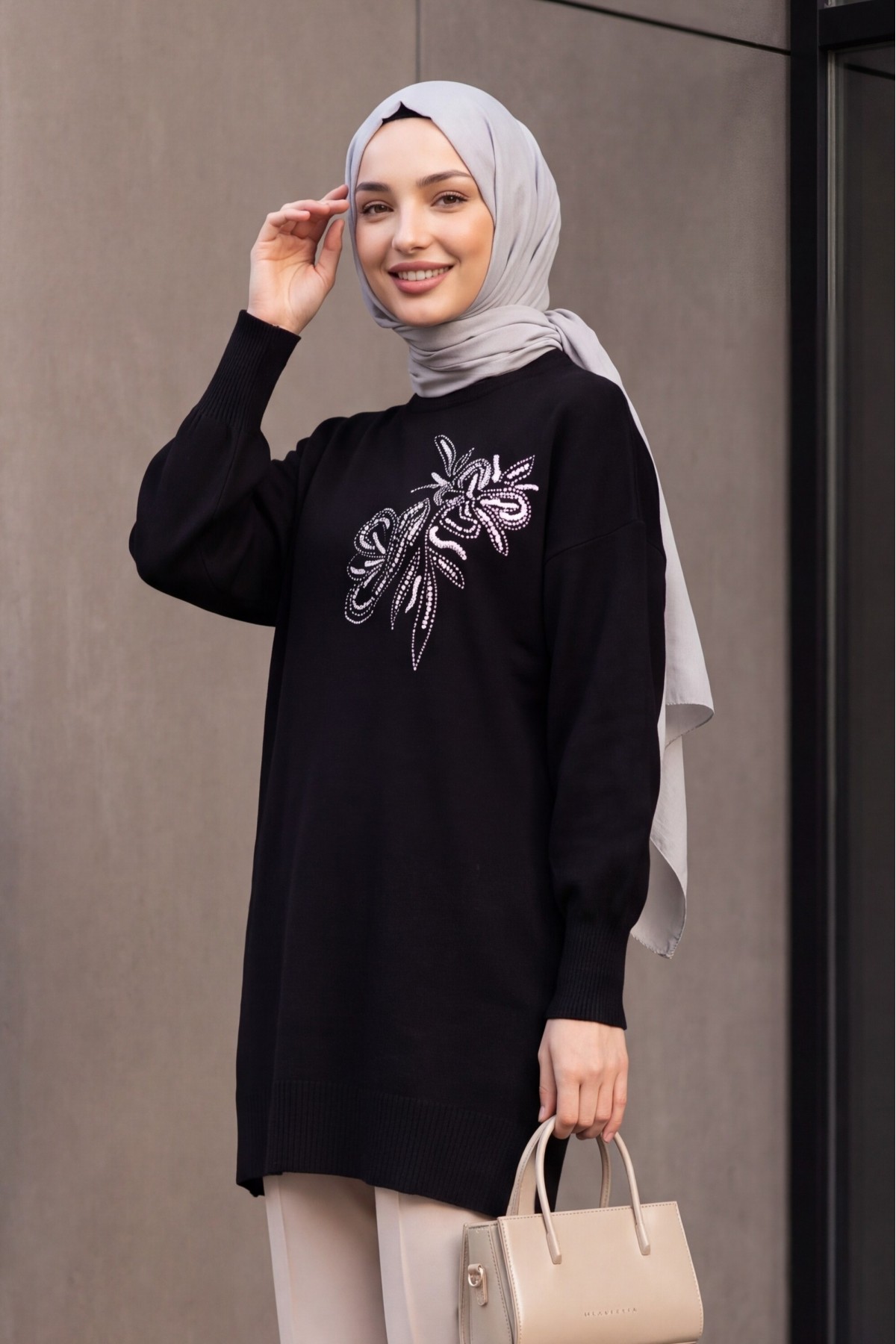 Crew Neck Knit Tunic with Slit and Bead & Sequin Details -Black