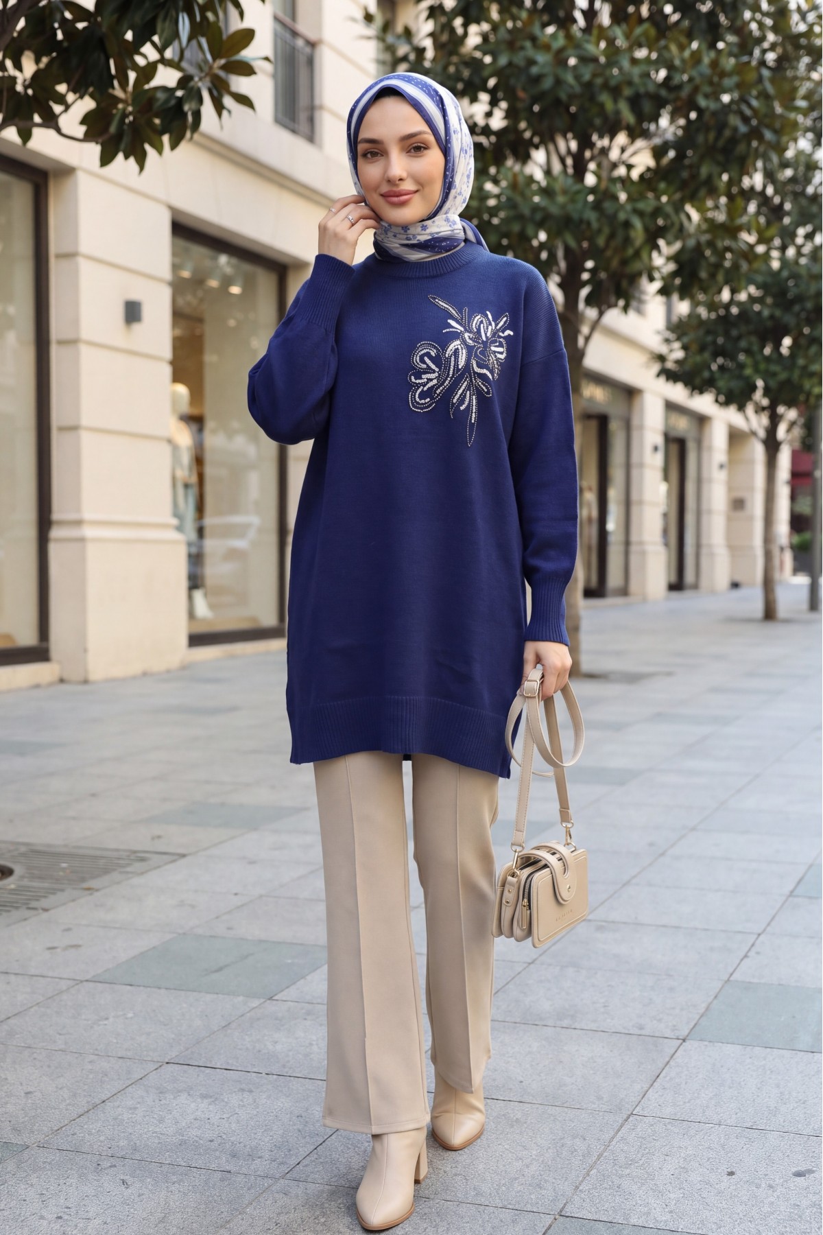 Crew Neck Knit Tunic with Slit and Bead & Sequin Details -Navy blue