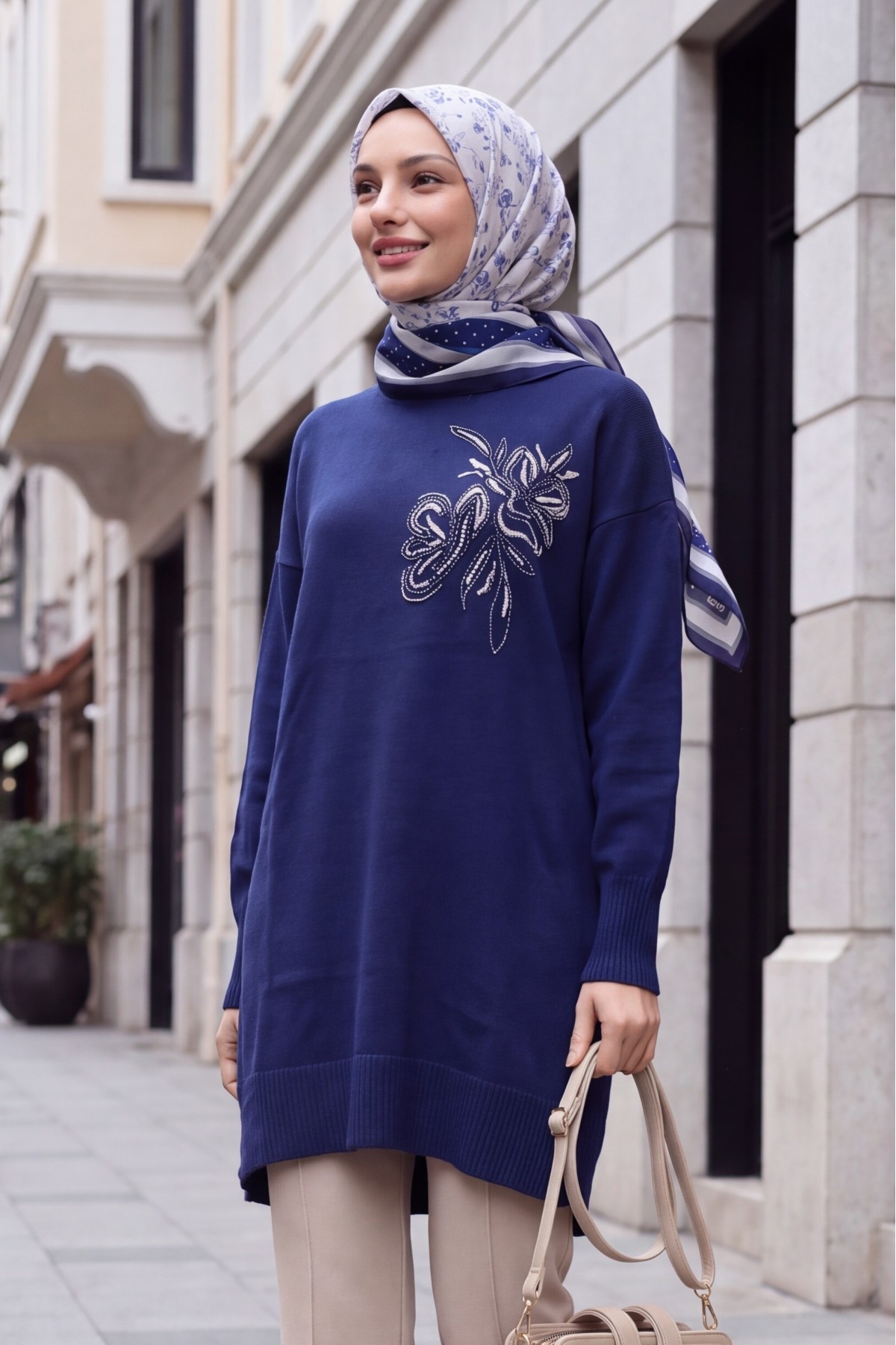 Crew Neck Knit Tunic with Slit and Bead & Sequin Details -Navy blue