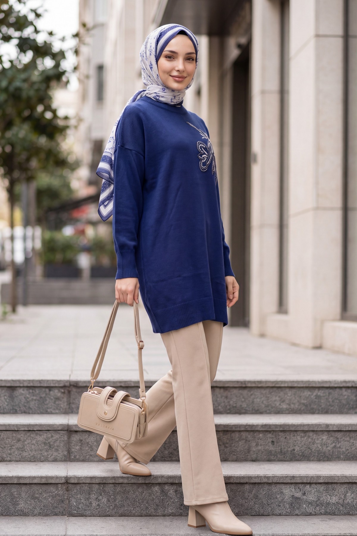 Crew Neck Knit Tunic with Slit and Bead & Sequin Details -Navy blue