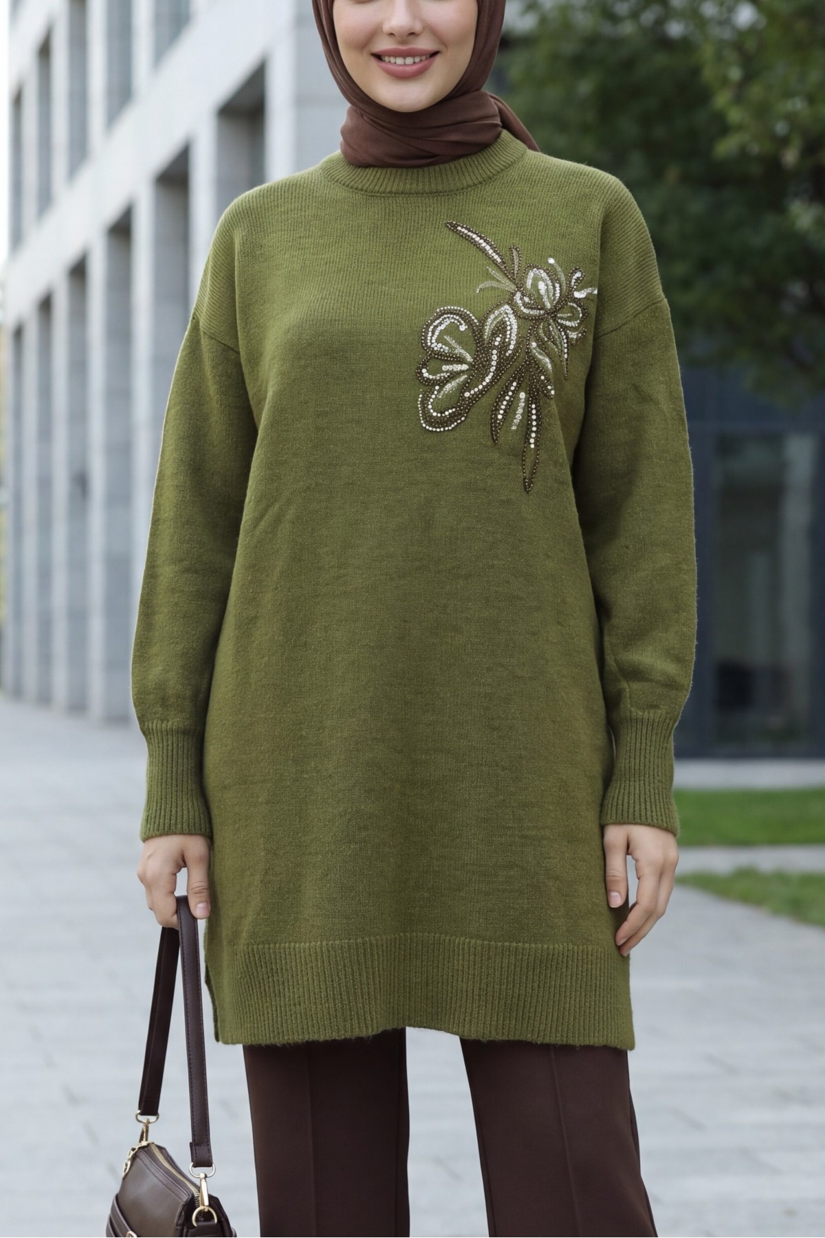 Crew Neck Knit Tunic with Slit and Bead & Sequin Details -Khaki