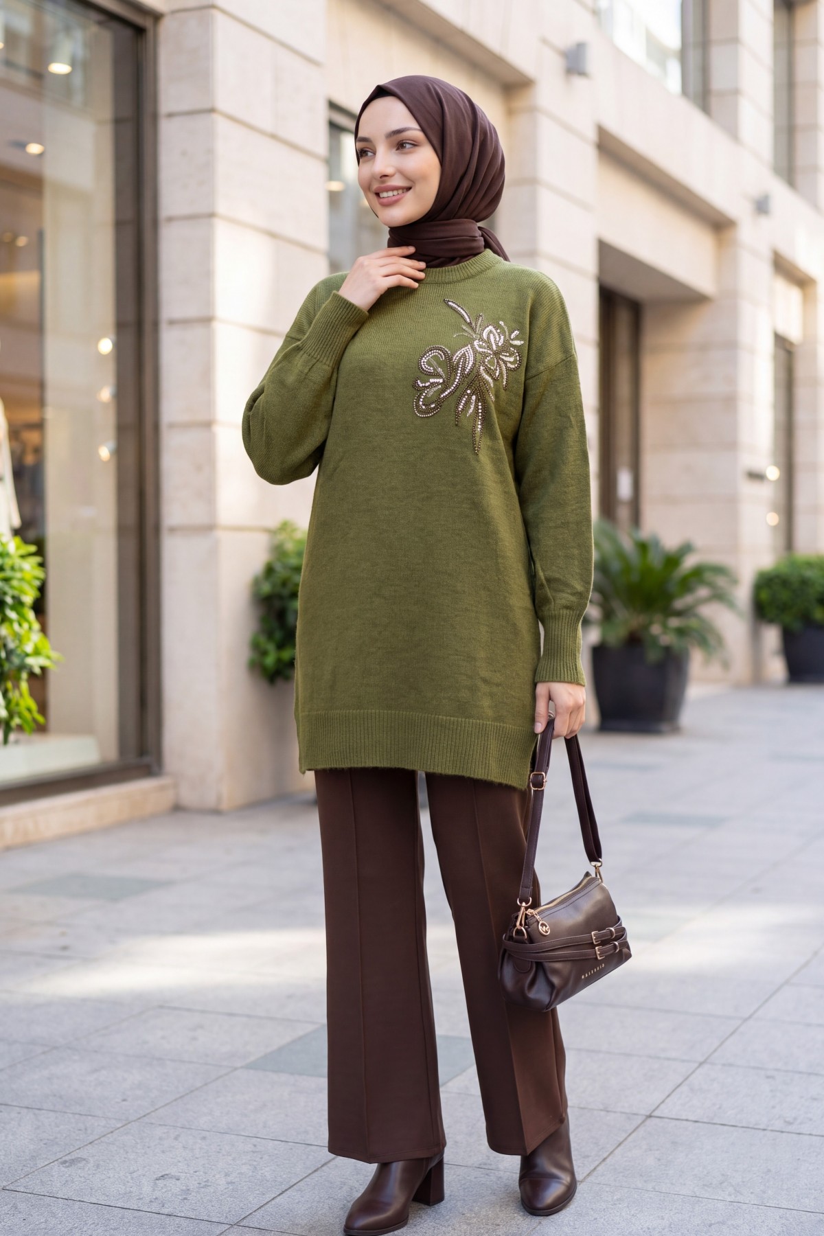 Crew Neck Knit Tunic with Slit and Bead & Sequin Details -Khaki