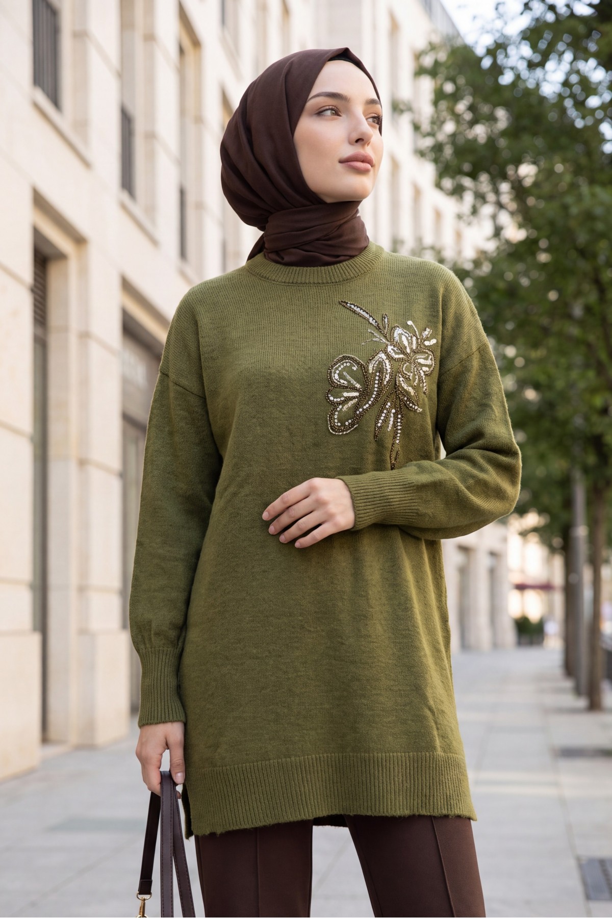 Crew Neck Knit Tunic with Slit and Bead & Sequin Details -Khaki