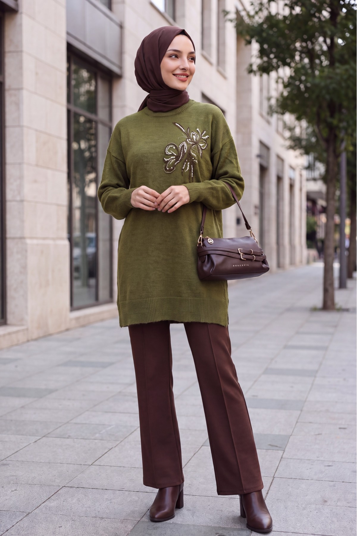 Crew Neck Knit Tunic with Slit and Bead & Sequin Details -Khaki