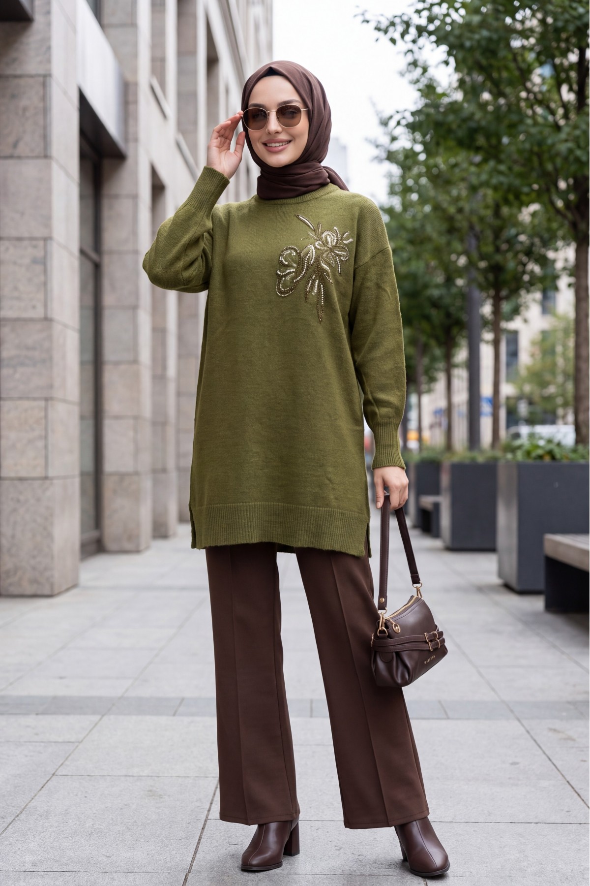 Crew Neck Knit Tunic with Slit and Bead & Sequin Details -Khaki