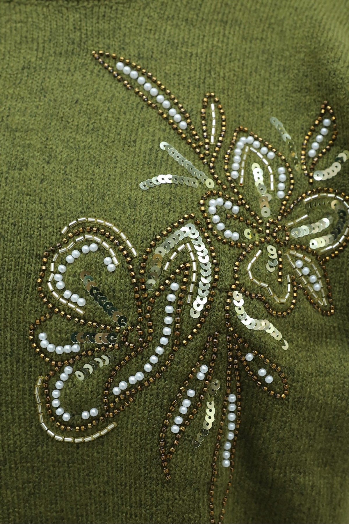 Crew Neck Knit Tunic with Slit and Bead & Sequin Details -Khaki