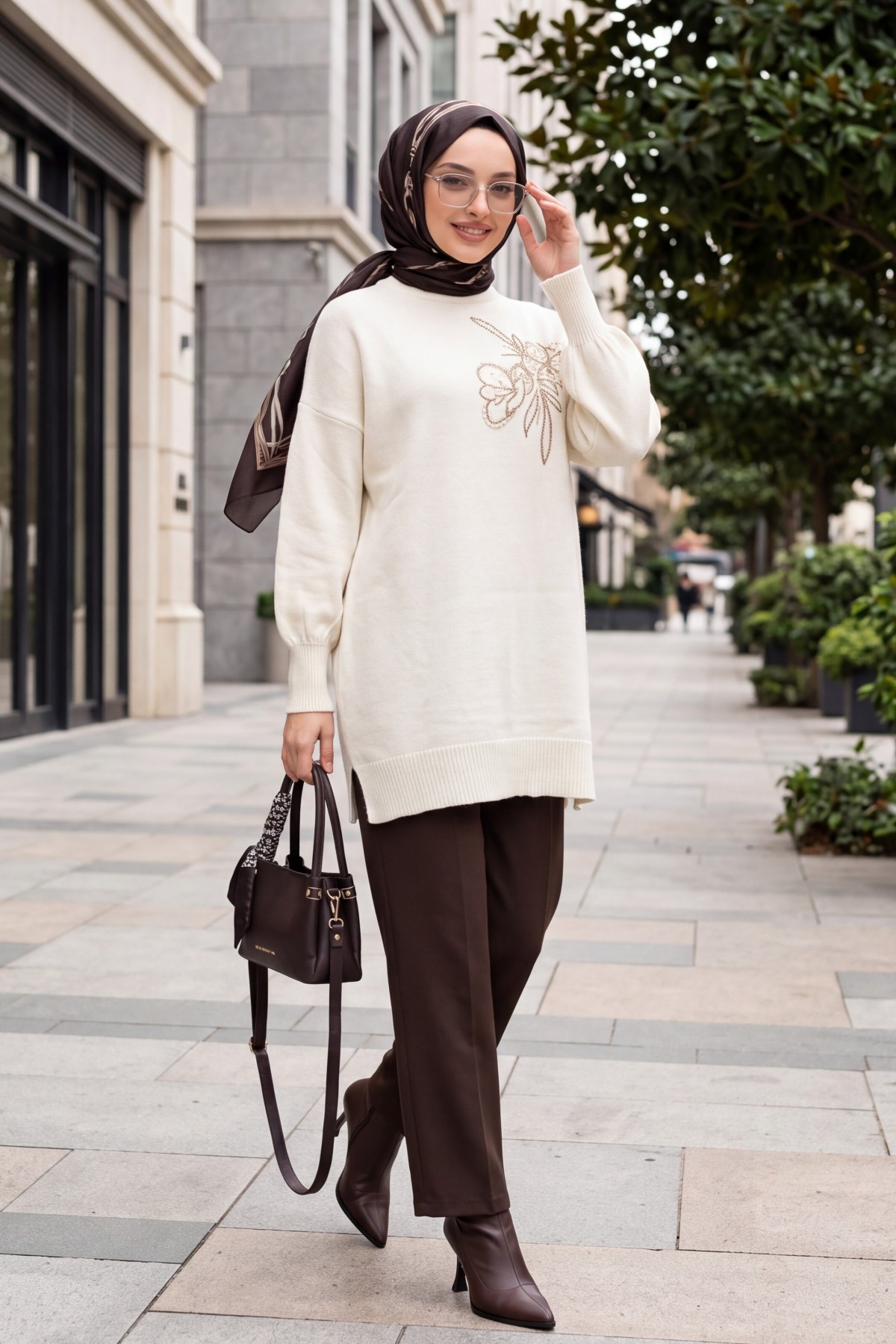 Crew Neck Knit Tunic with Slit and Bead & Sequin Details -Ecru