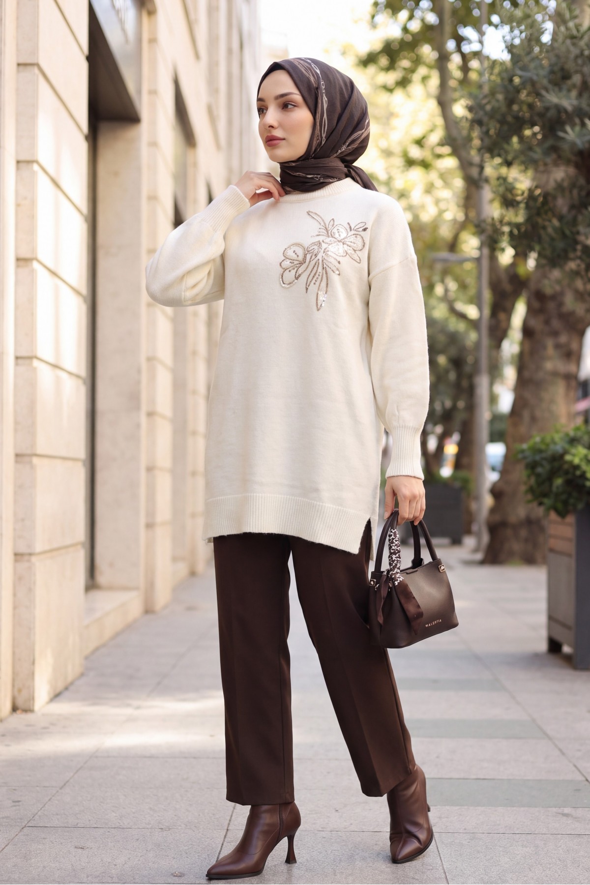 Crew Neck Knit Tunic with Slit and Bead & Sequin Details -Ecru