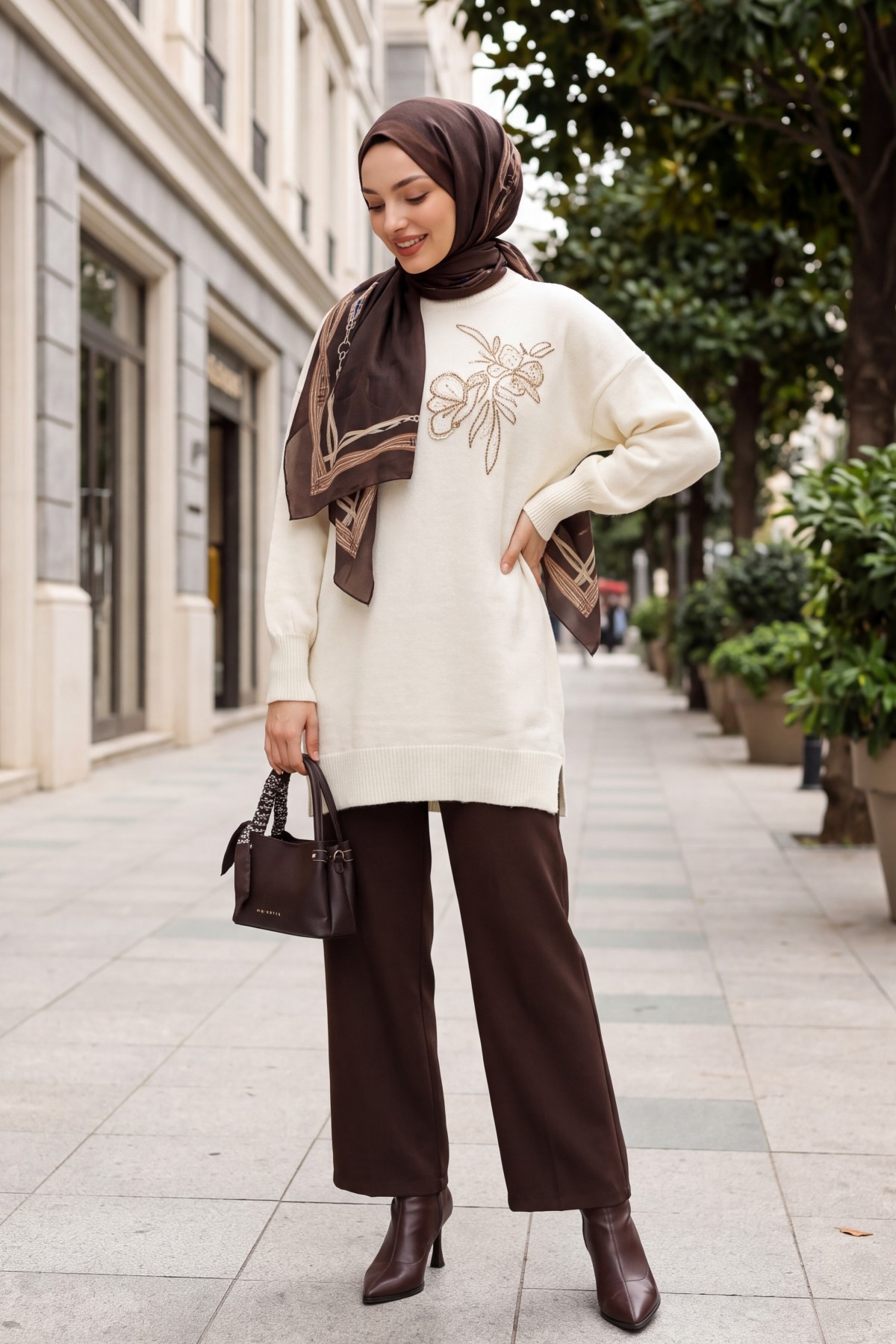 Crew Neck Knit Tunic with Slit and Bead & Sequin Details -Ecru